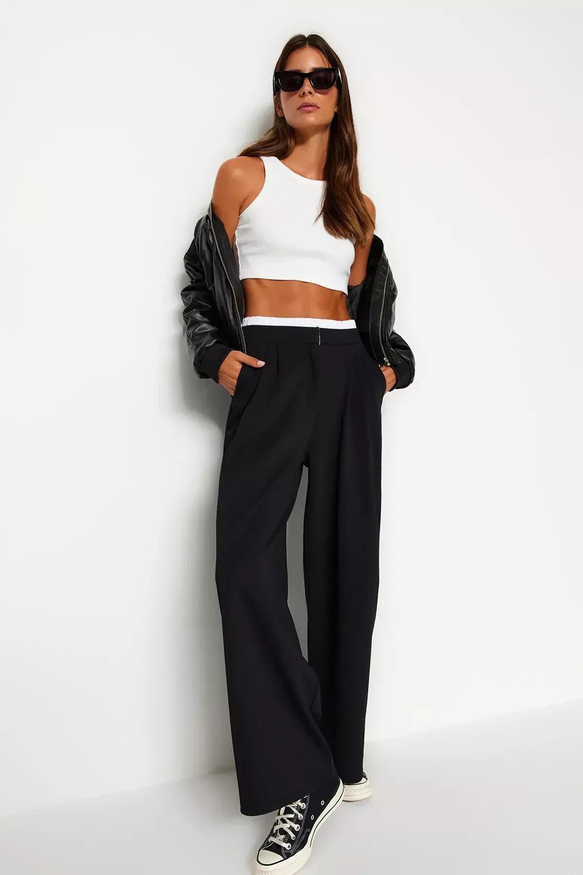 Black Wide Leg Trousers With Belt Detail, BLACK, large image number 7