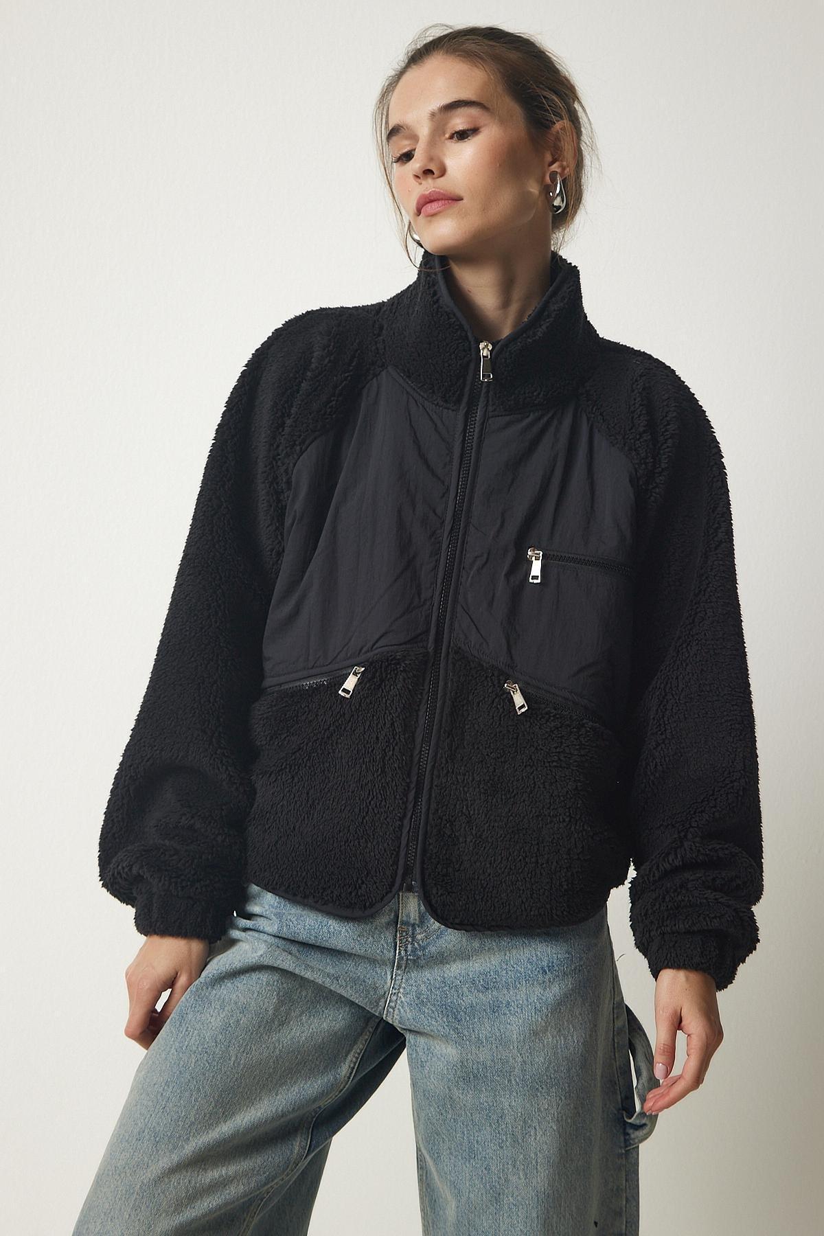 Black Zipper Plush Jacket Coat, BLACK, large image number 0