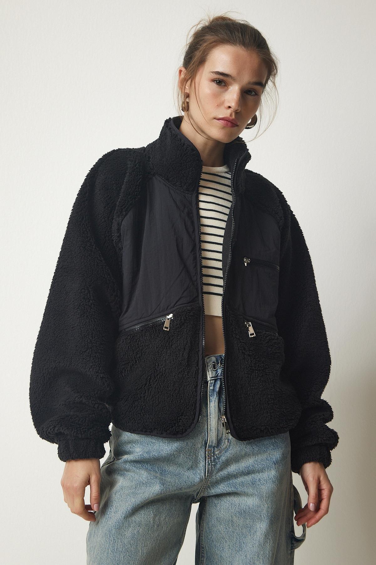 Black Zipper Plush Jacket Coat, BLACK, large image number 1