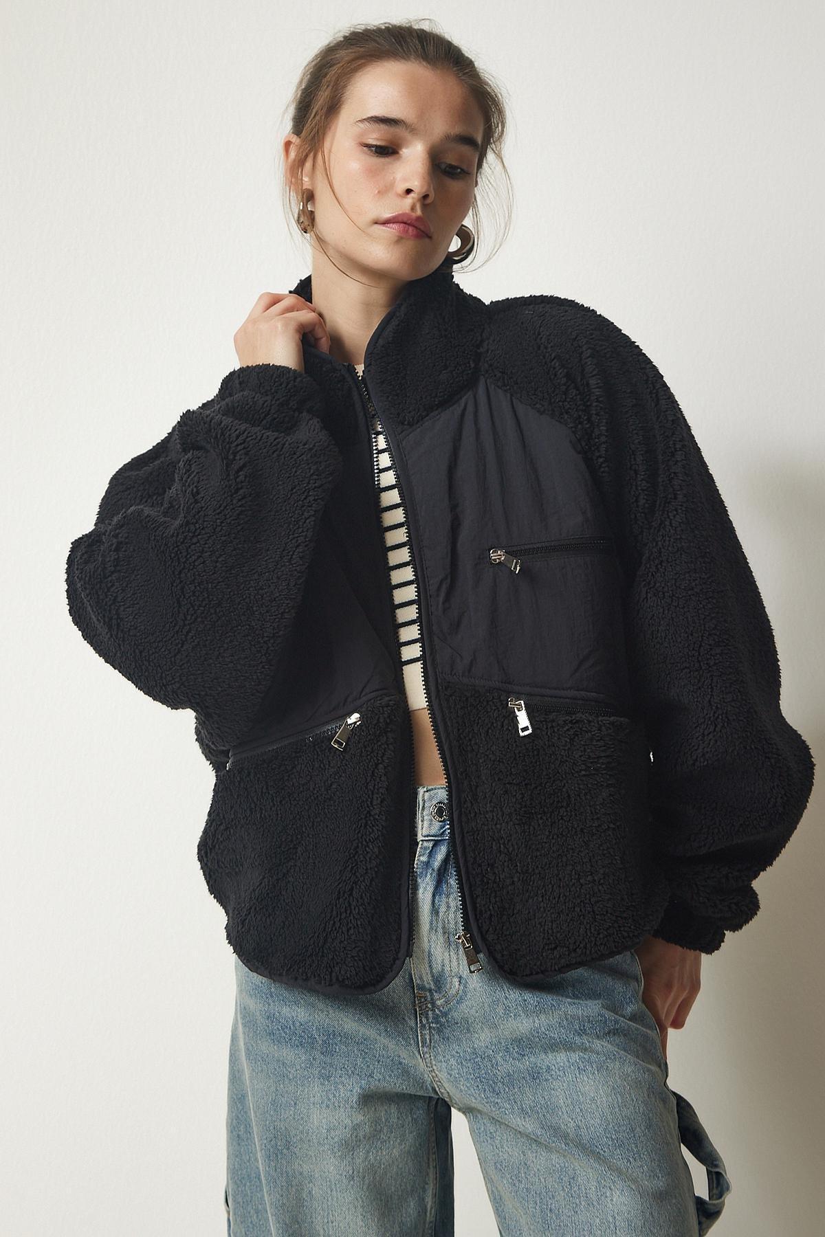 Black Zipper Plush Jacket Coat, BLACK, large image number 2