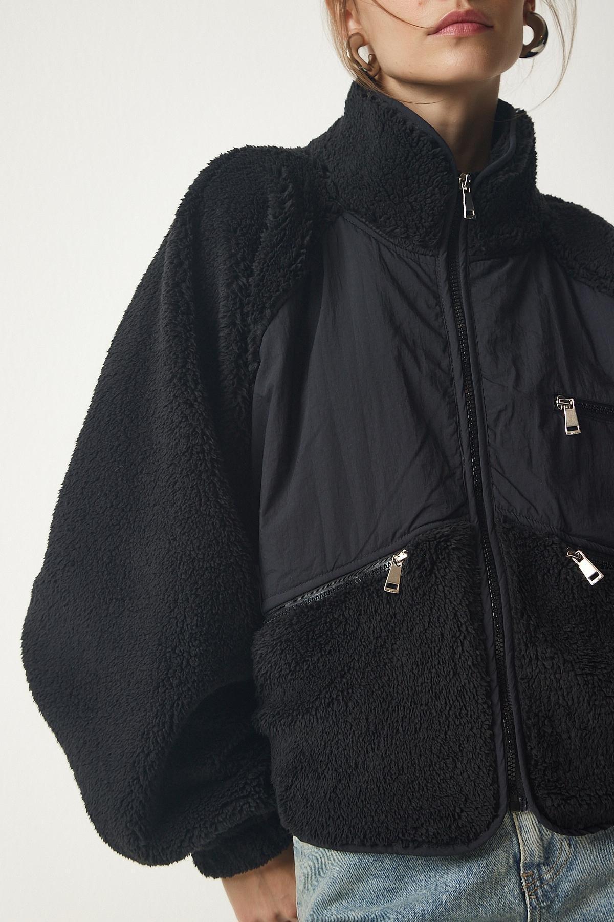 Black Zipper Plush Jacket Coat, BLACK, large image number 3