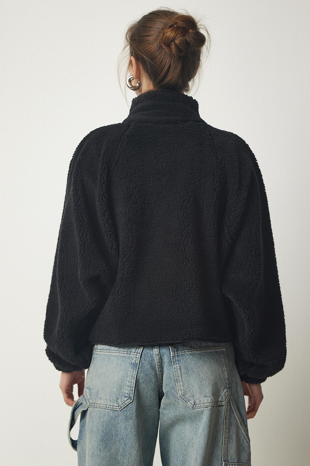 Black Zipper Plush Jacket Coat, BLACK, large image number 4