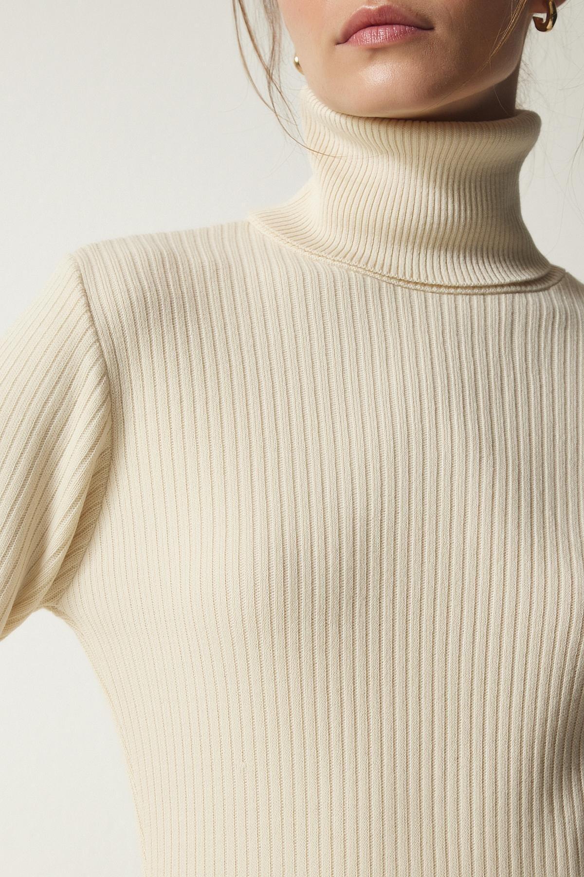 Cream Turtleneck Slit Knitwear Dress, Cream, large image number 3