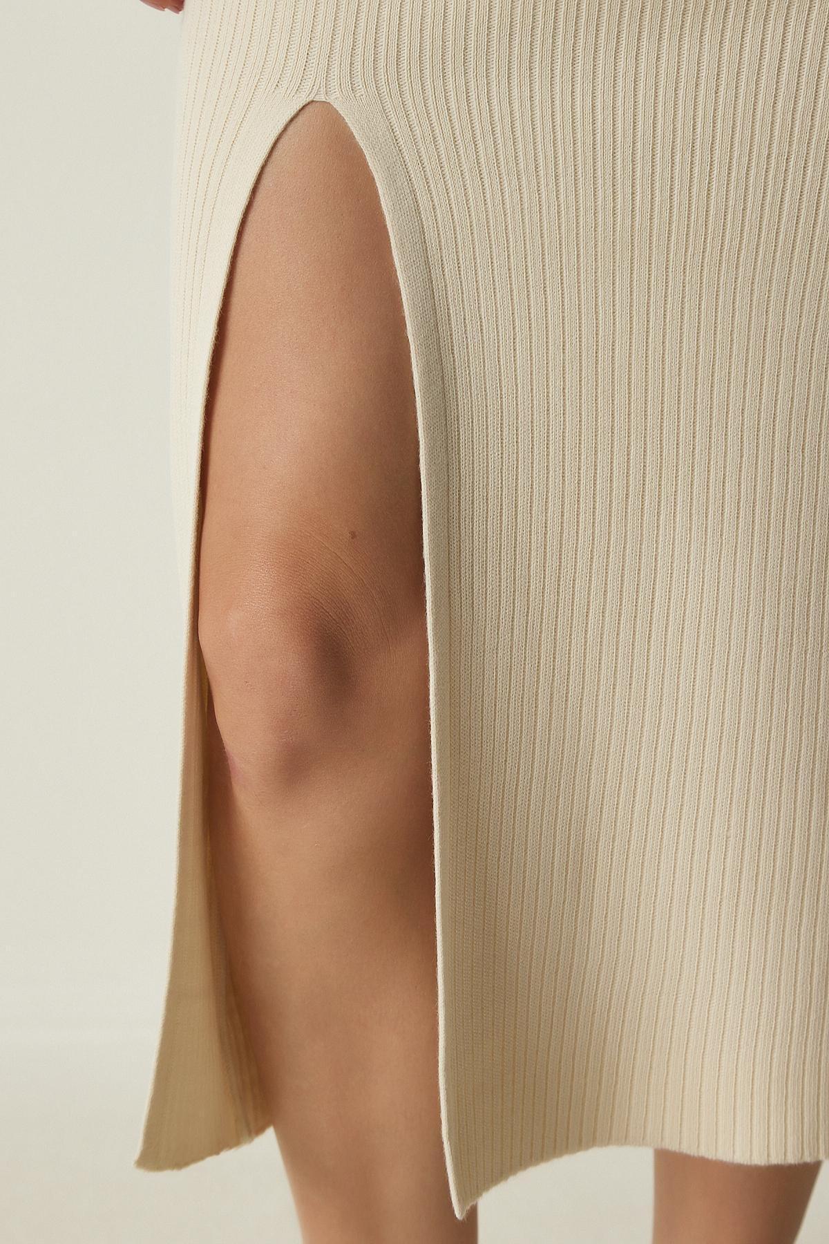 Cream Turtleneck Slit Knitwear Dress, Cream, large image number 4