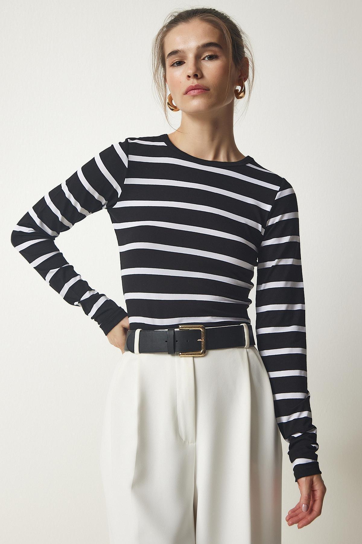 Black Striped Knitted Blouse, BLACK, large image number 0