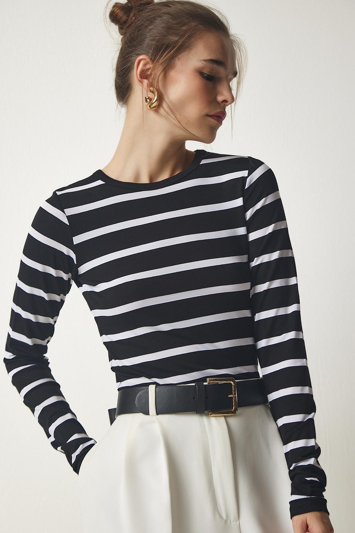 Black Striped Knitted Blouse, BLACK, large image number 1