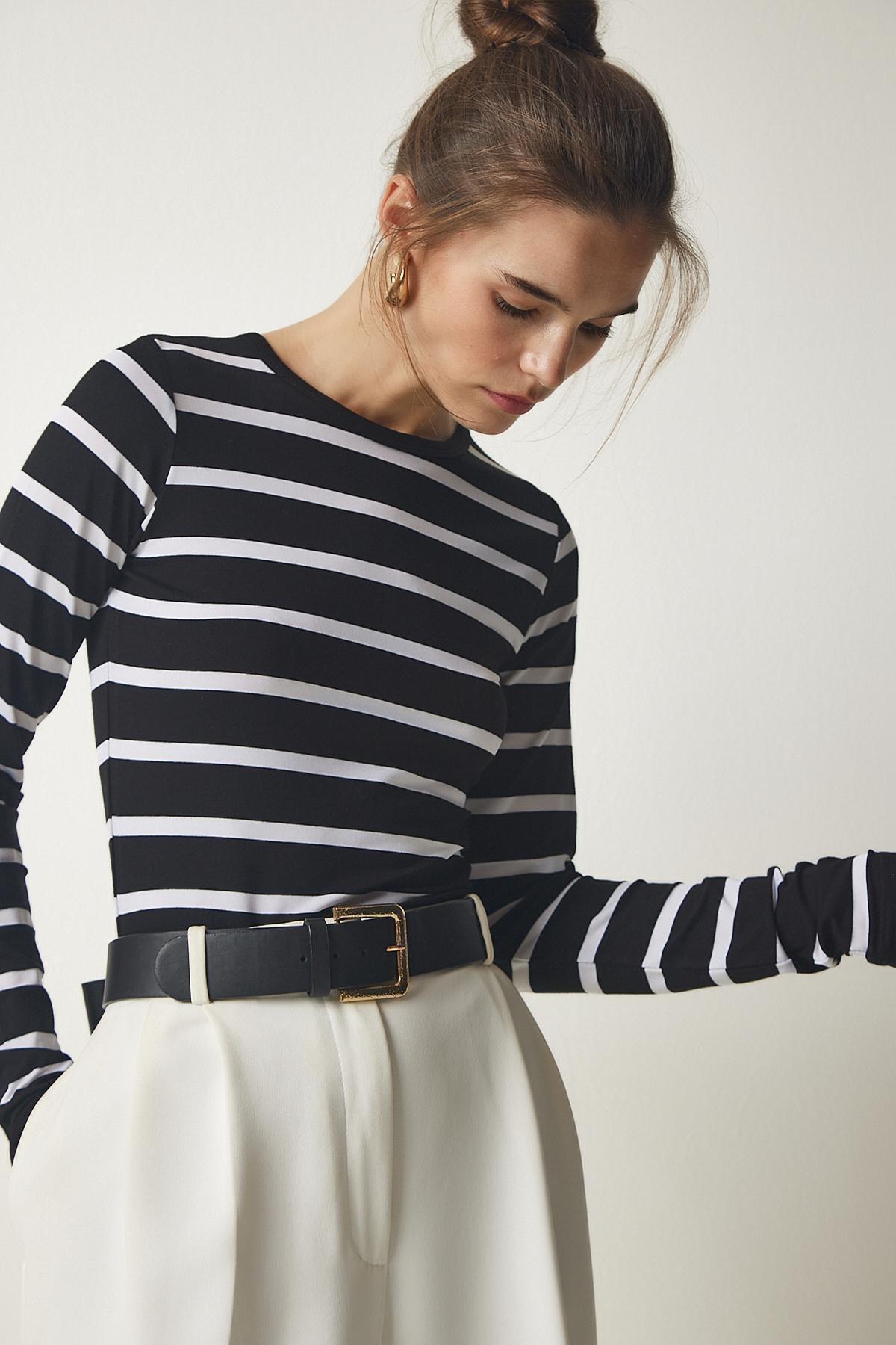 Black Striped Knitted Blouse, BLACK, large image number 2