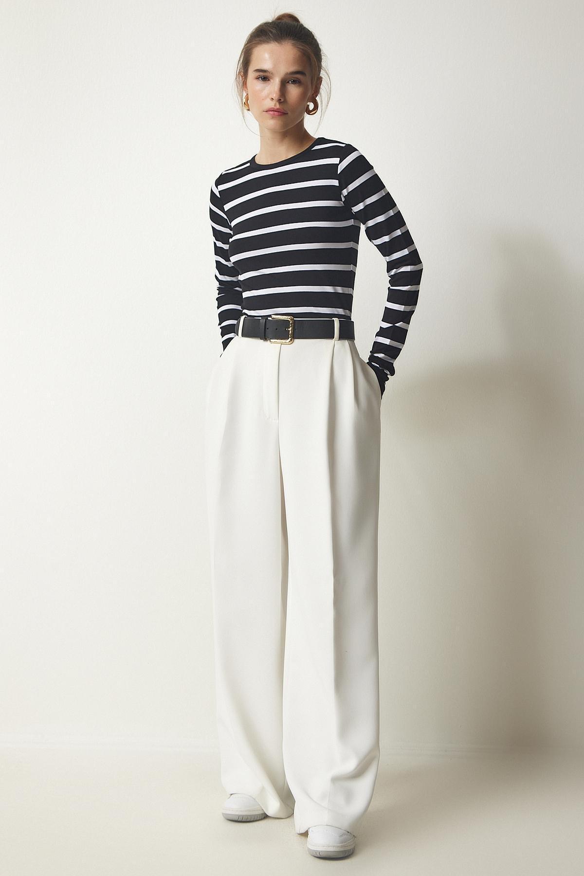 Black Striped Knitted Blouse, BLACK, large image number 3