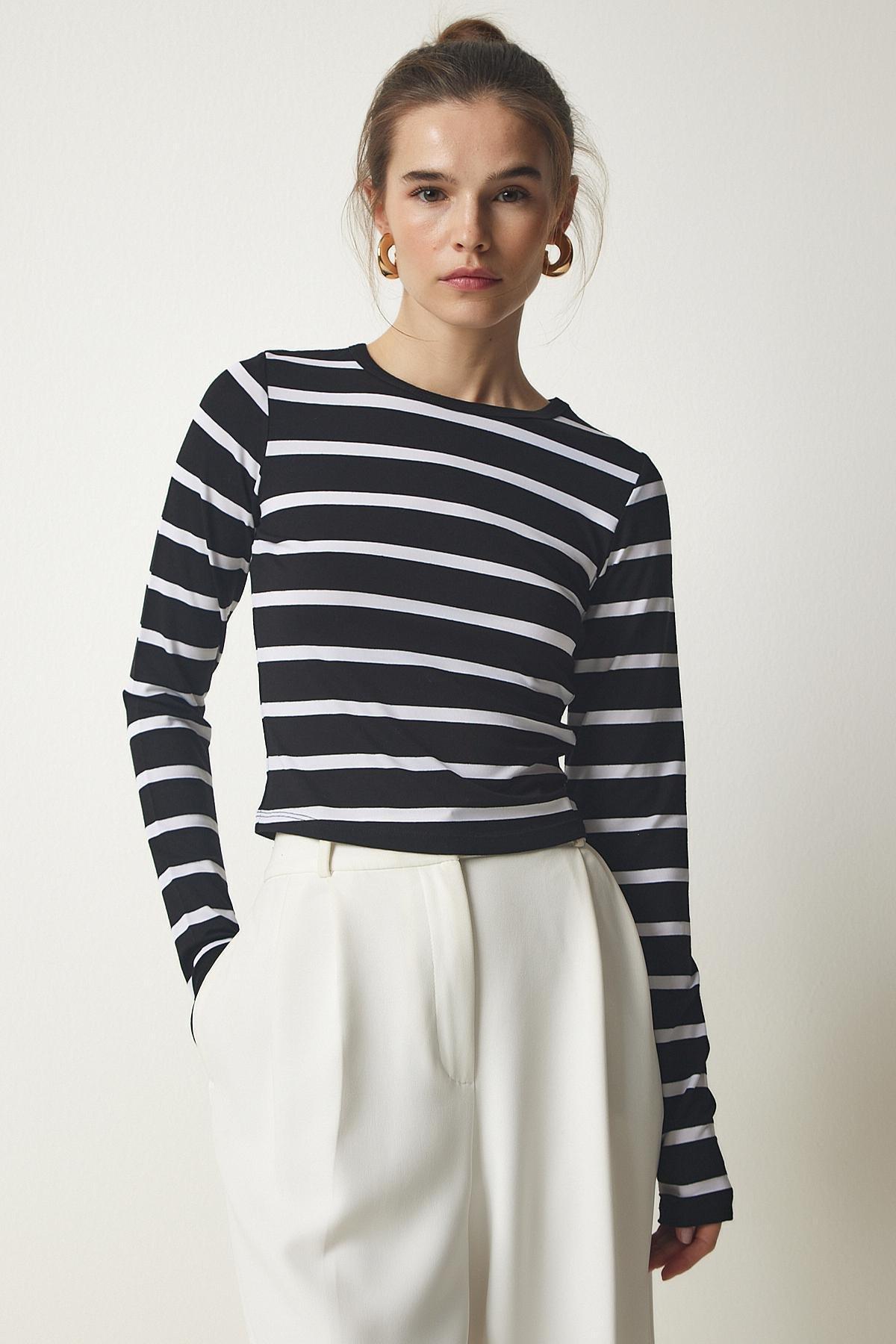 Black Striped Knitted Blouse, BLACK, large image number 4