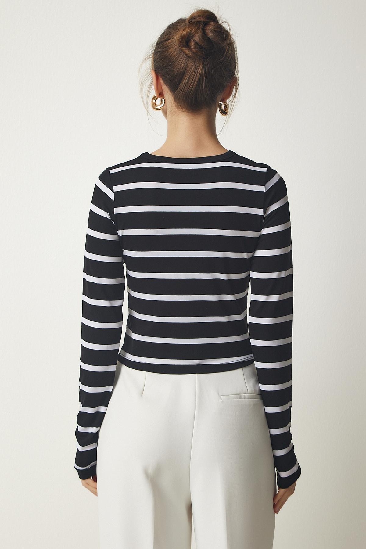 Black Striped Knitted Blouse, BLACK, large image number 5
