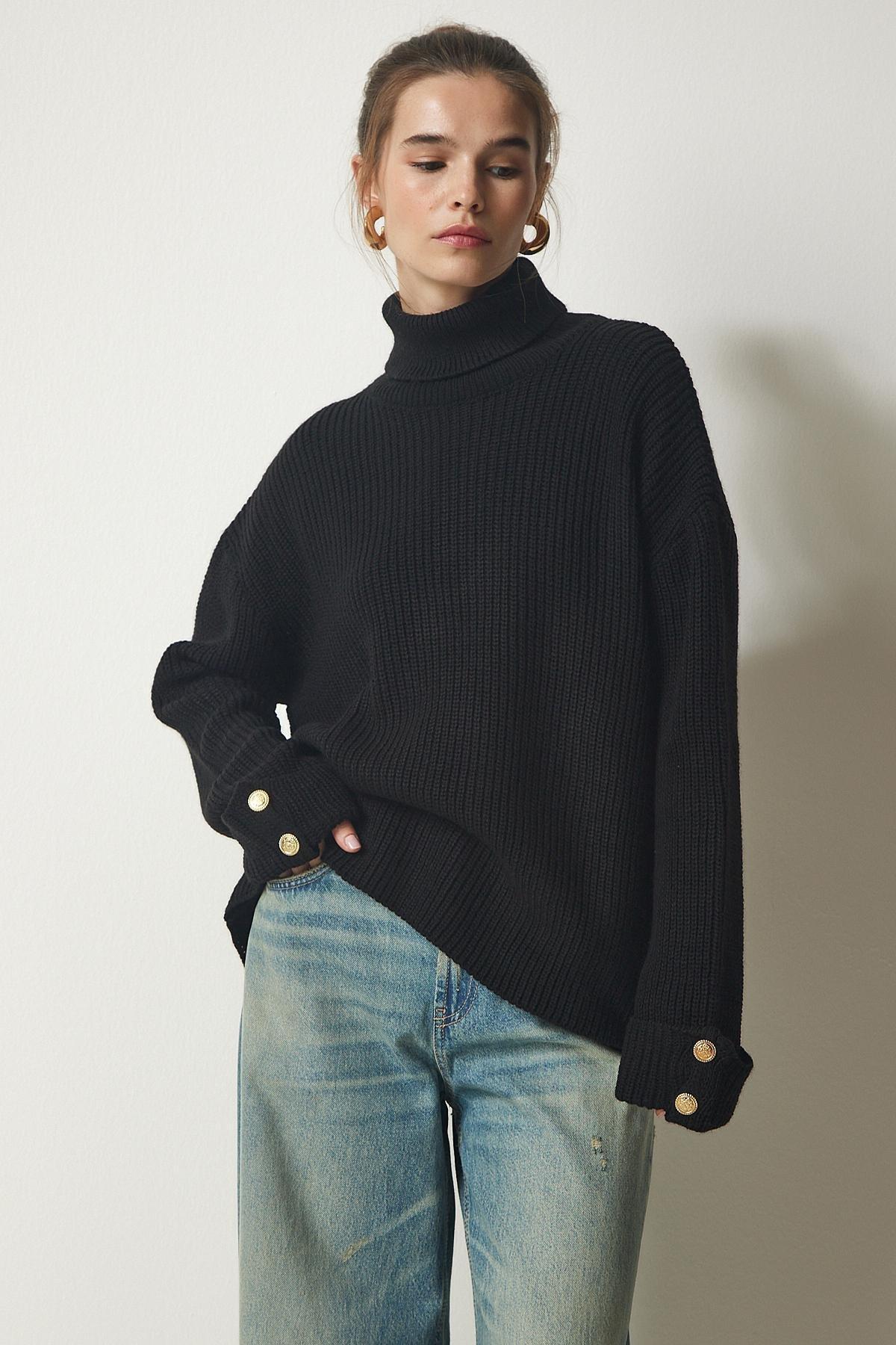 Black Turtleneck Oversize Knitwear Sweater, BLACK, large image number 0