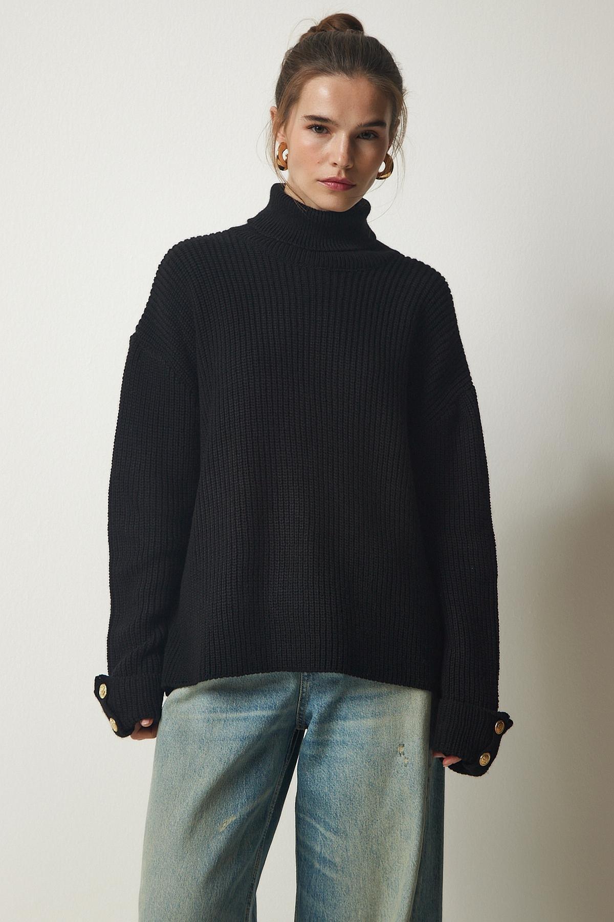 Black Turtleneck Oversize Knitwear Sweater, BLACK, large image number 1