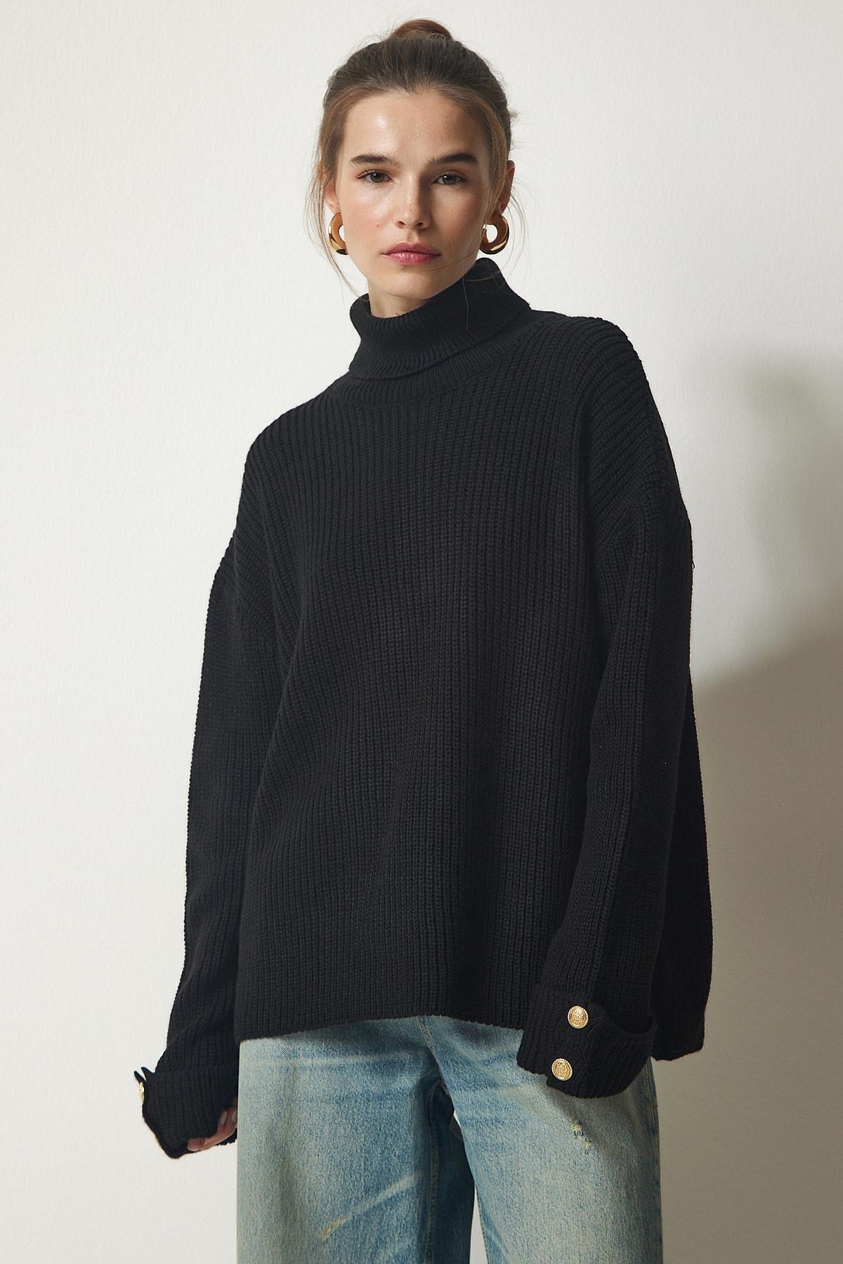Black Turtleneck Oversize Knitwear Sweater, BLACK, large image number 2