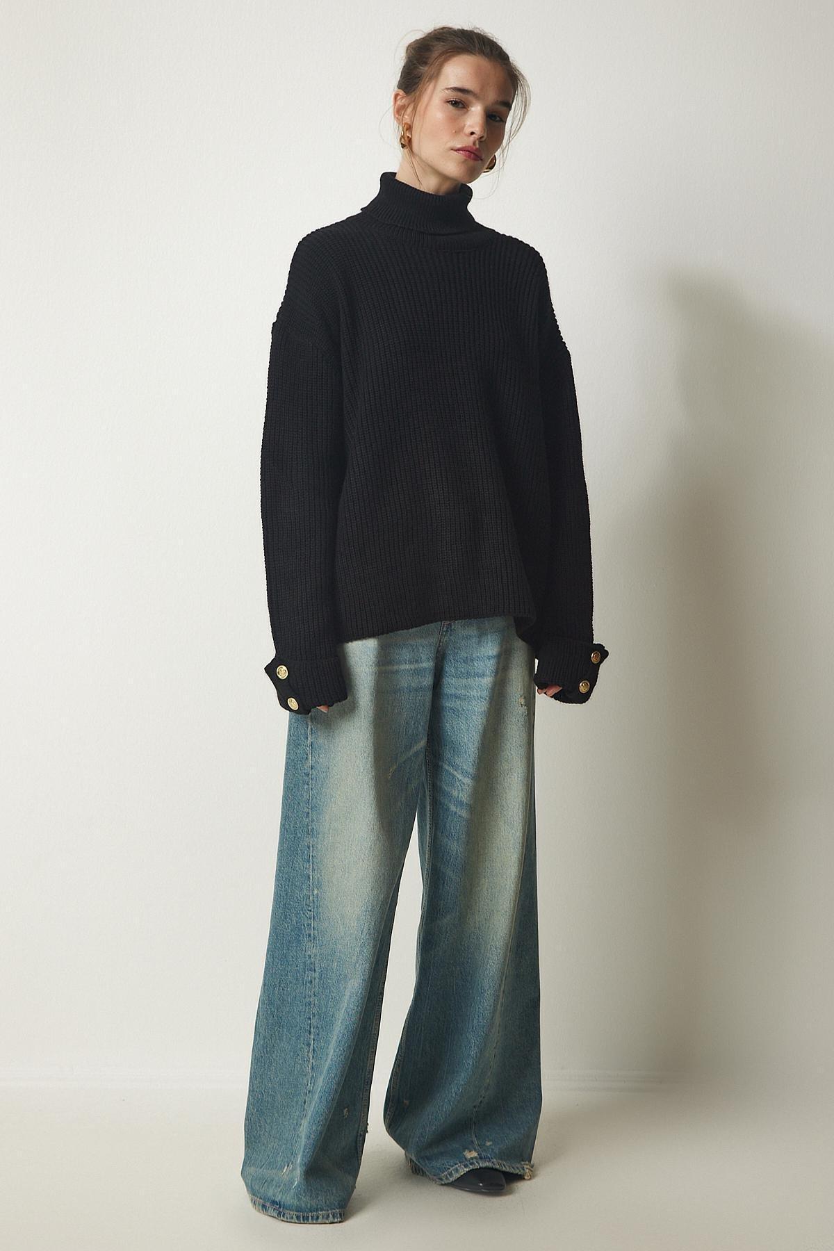 Black Turtleneck Oversize Knitwear Sweater, BLACK, large image number 3