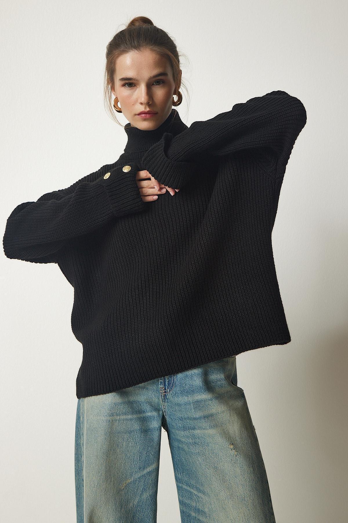 Black Turtleneck Oversize Knitwear Sweater, BLACK, large image number 4