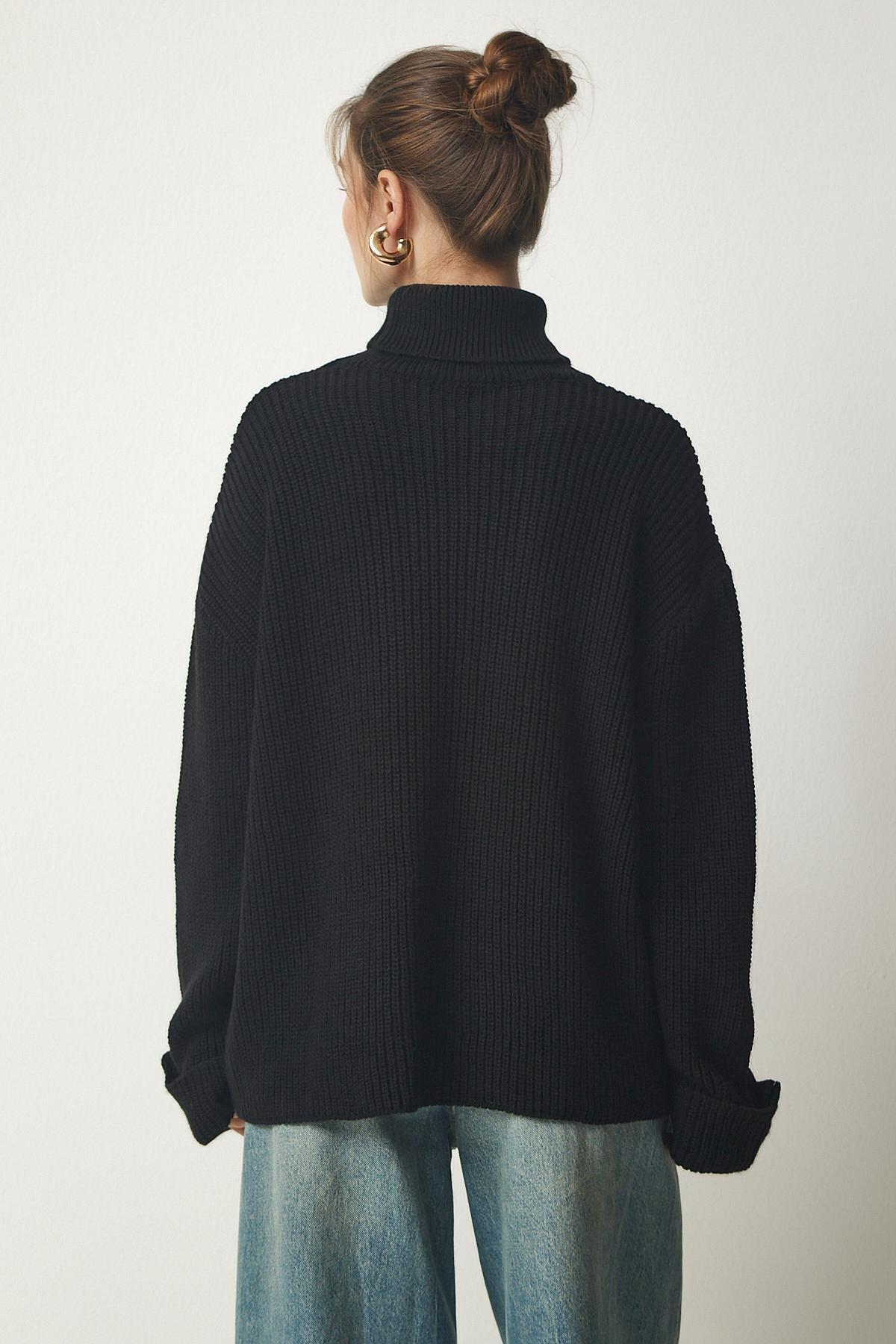 Black Turtleneck Oversize Knitwear Sweater, BLACK, large image number 5