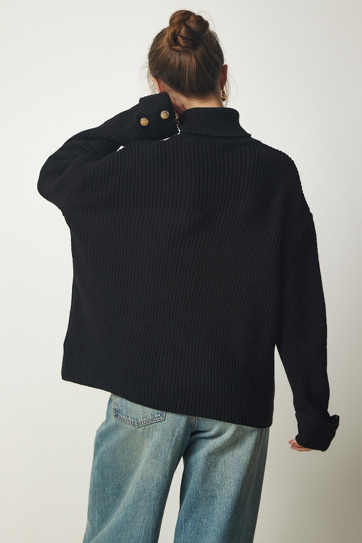 Black Turtleneck Oversize Knitwear Sweater, BLACK, large image number 6