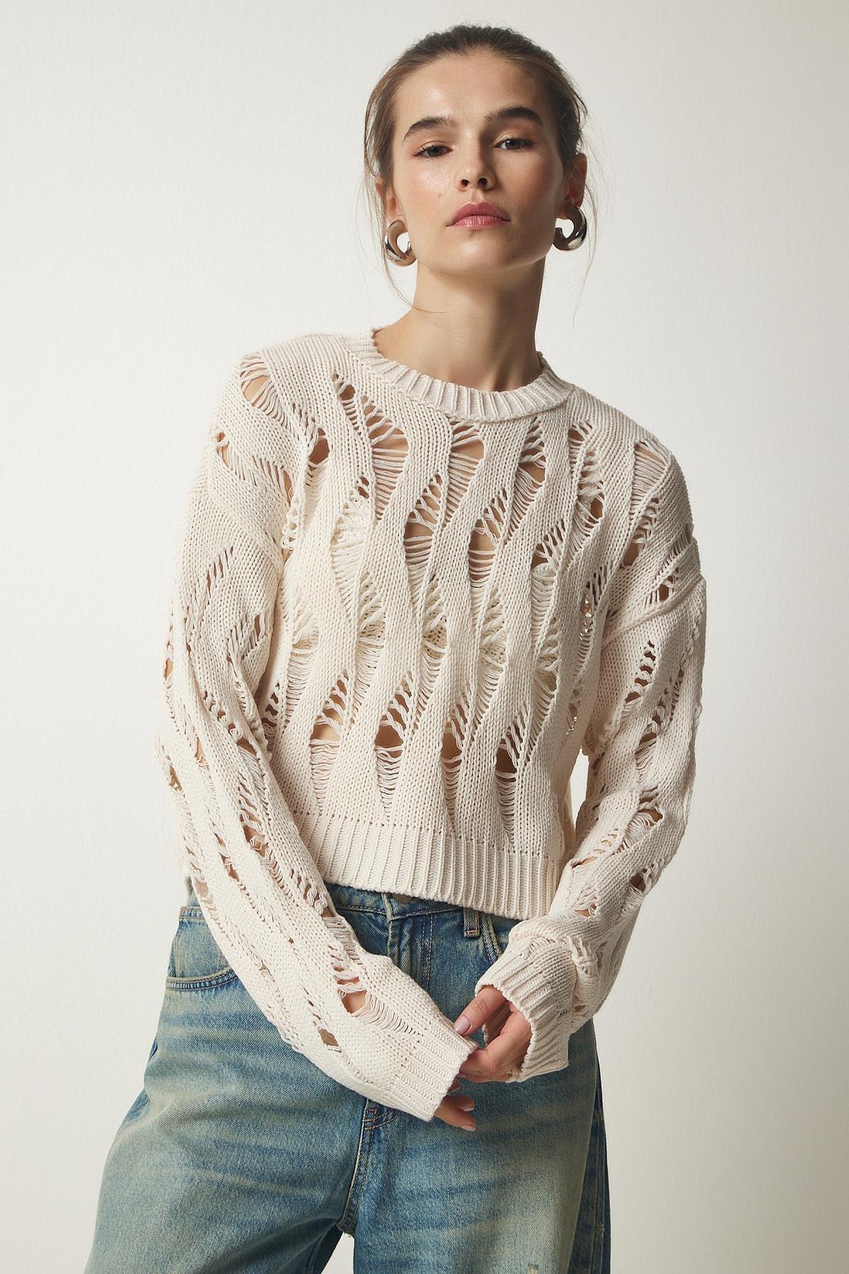 Cream Ripped Openwork Crop Knitwear, Cream, large image number 1