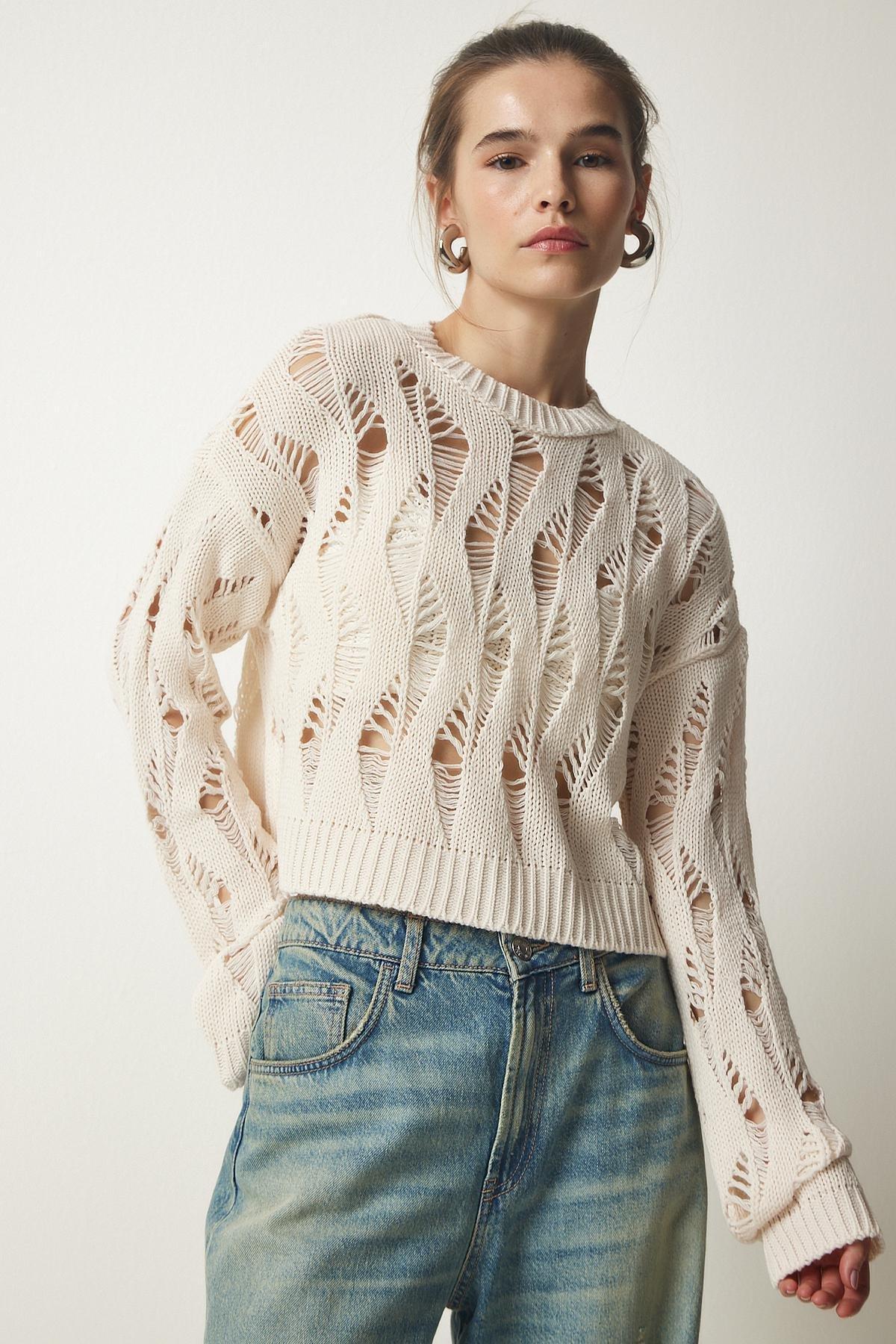 Cream Ripped Openwork Crop Knitwear, Cream, large image number 2