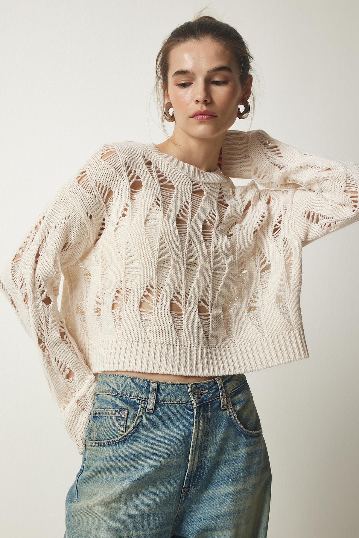 Cream Ripped Openwork Crop Knitwear, Cream, large image number 3