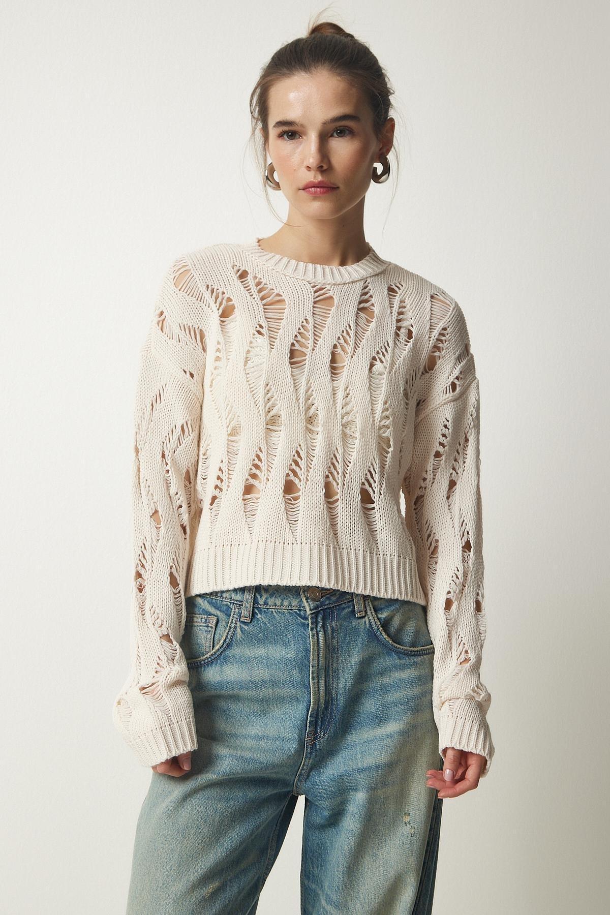 Cream Ripped Openwork Crop Knitwear, Cream, large image number 4
