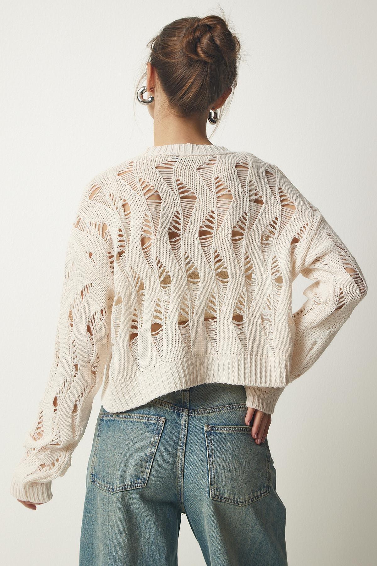 Cream Ripped Openwork Crop Knitwear, Cream, large image number 5