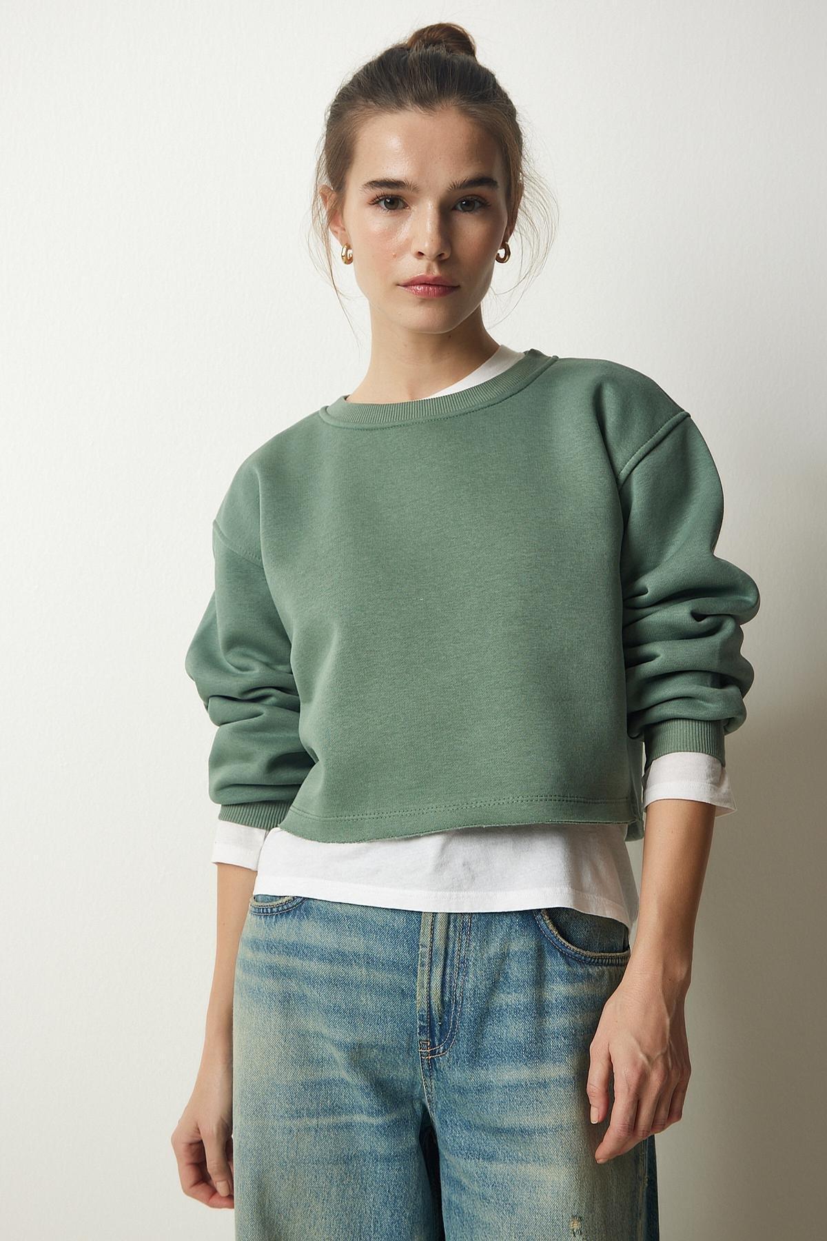 Happiness Istanbul - Green Crew Neck Raised Crop Sweatshirt