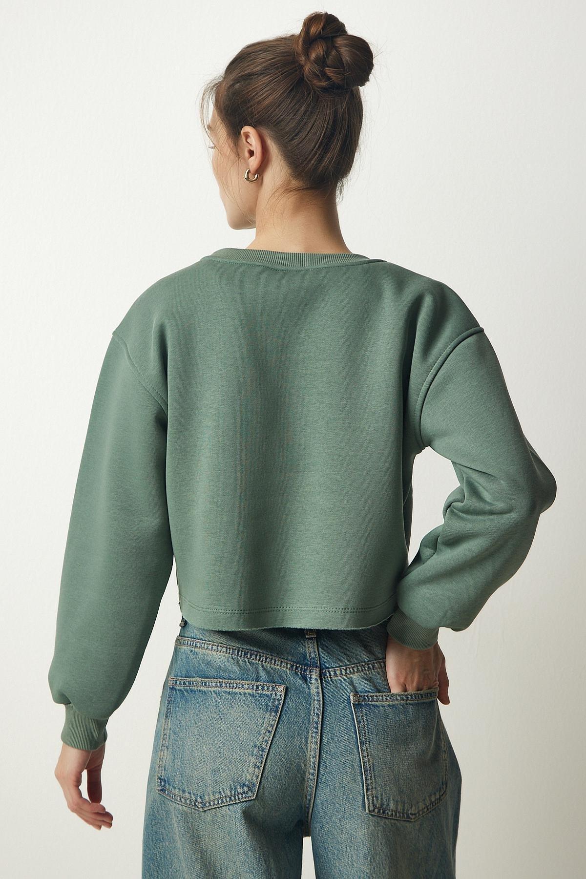 Happiness Istanbul - Green Crew Neck Raised Crop Sweatshirt