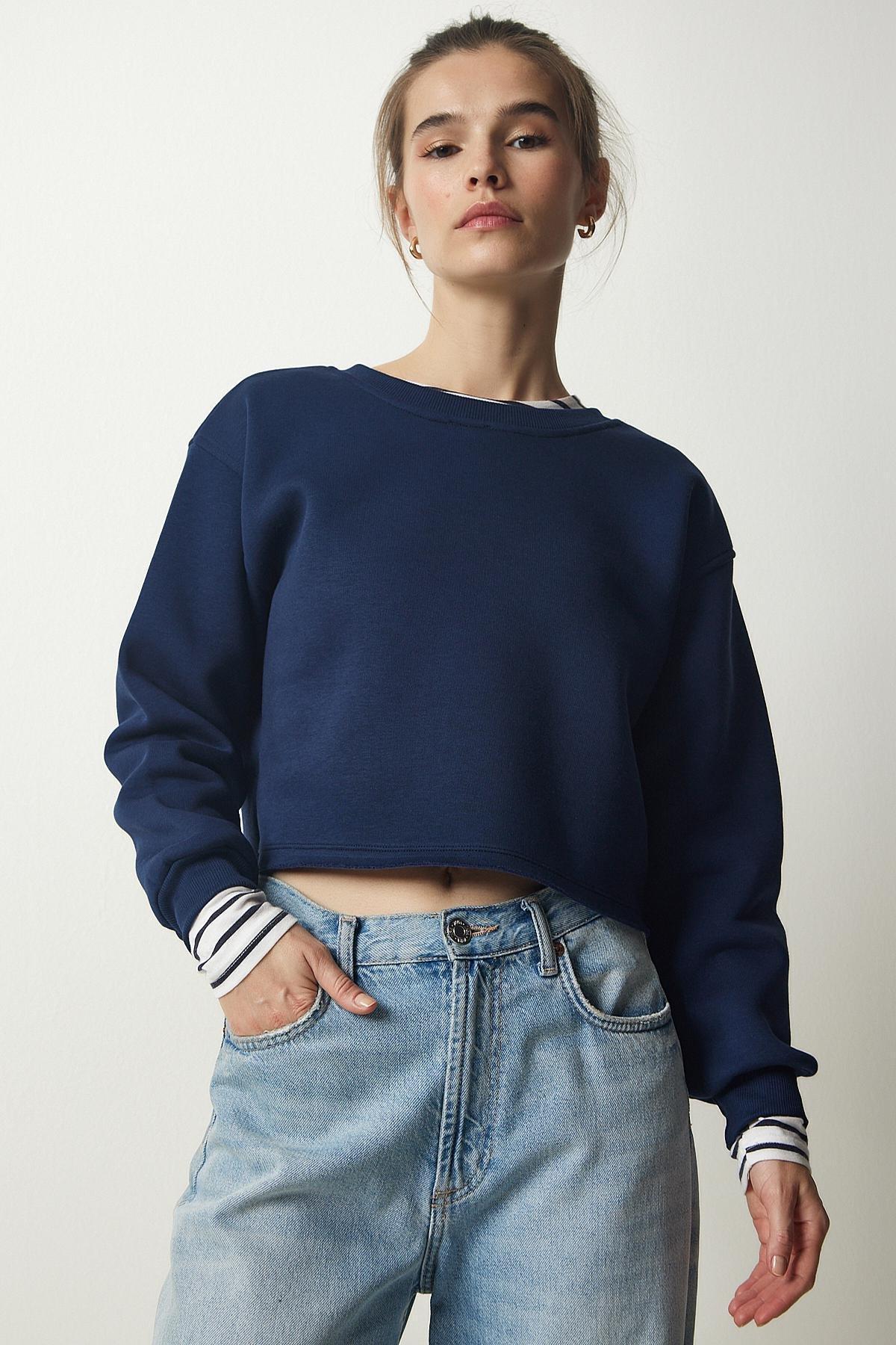 Navy Crew Neck Raised Crop Sweatshirt, Navy blue, large image number 0