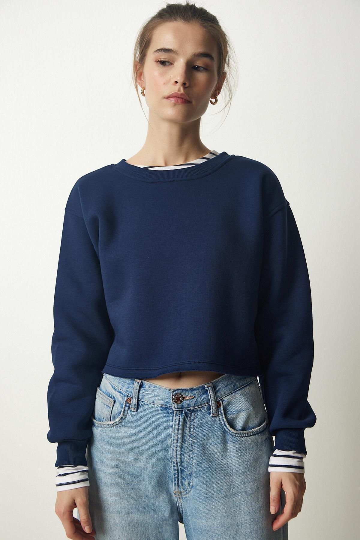 Navy Crew Neck Raised Crop Sweatshirt, Navy blue, large image number 1