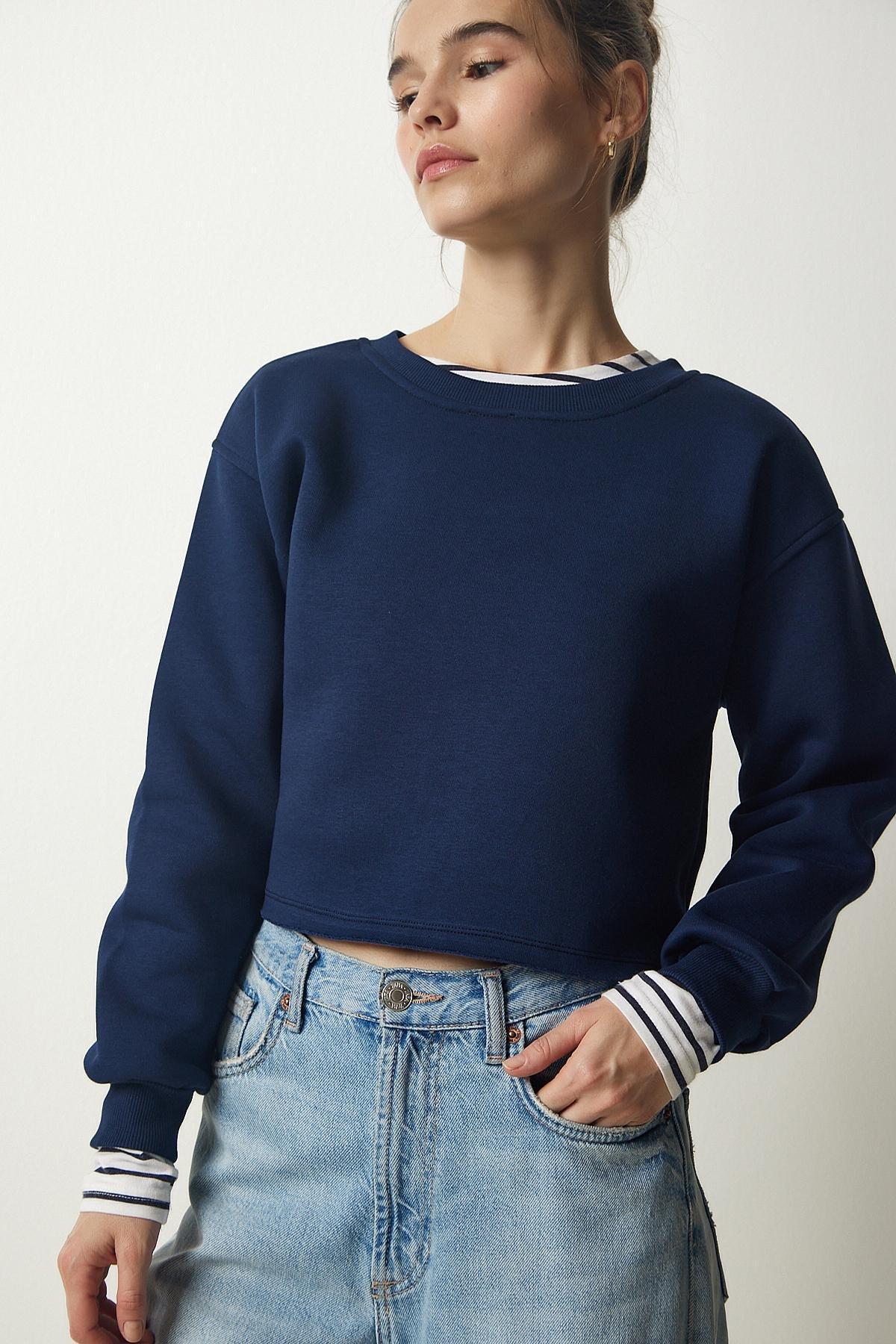 Navy Crew Neck Raised Crop Sweatshirt, Navy blue, large image number 2