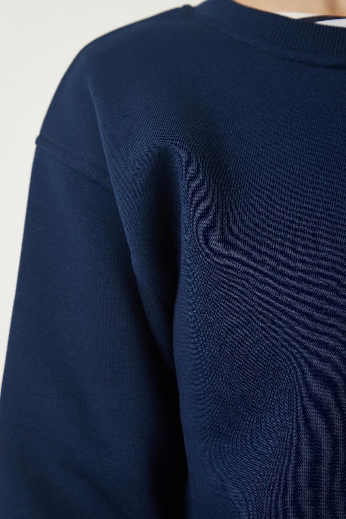 Navy Crew Neck Raised Crop Sweatshirt, Navy blue, large image number 3