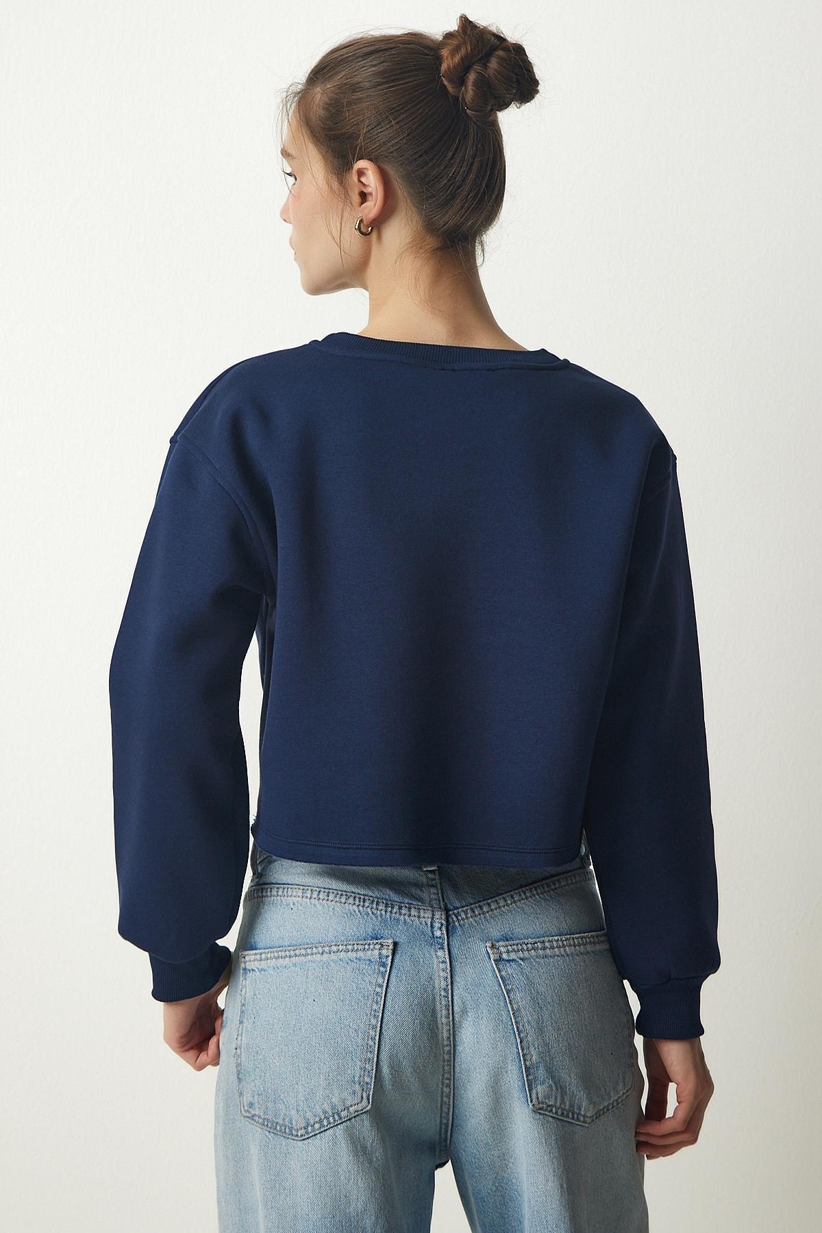 Navy Crew Neck Raised Crop Sweatshirt, Navy blue, large image number 4