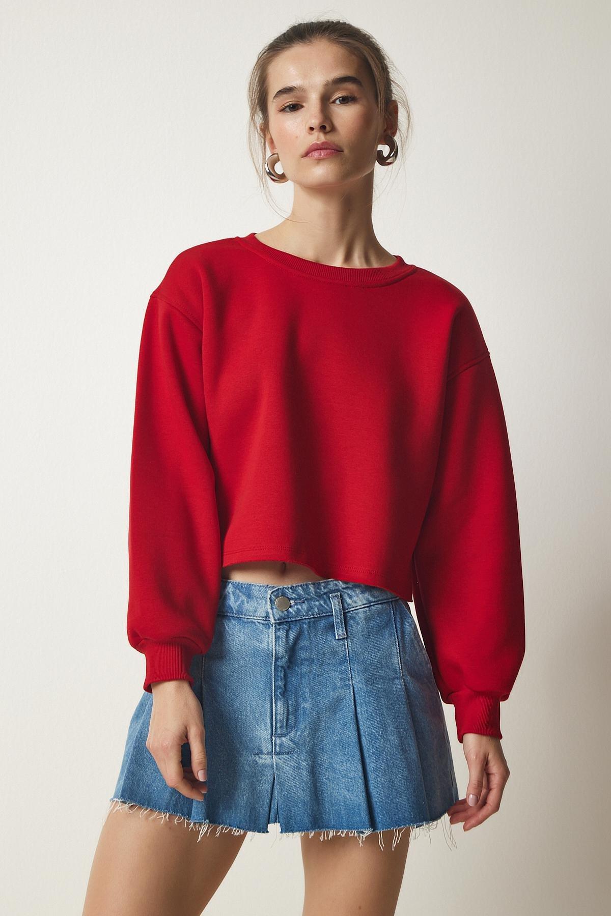 Red Crew Neck Raised Crop Sweatshirt, Red, large image number 1