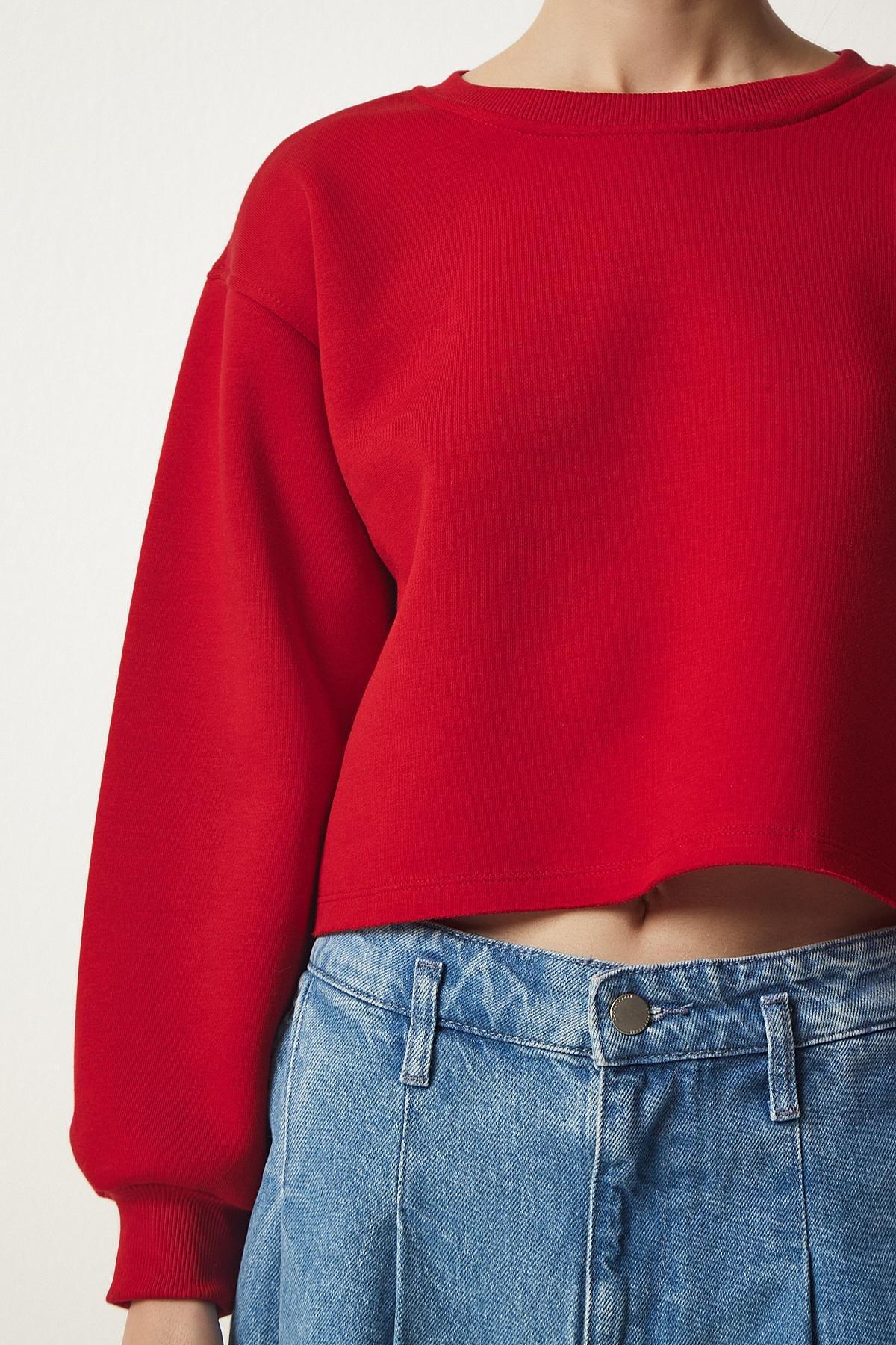 Red Crew Neck Raised Crop Sweatshirt, Red, large image number 2