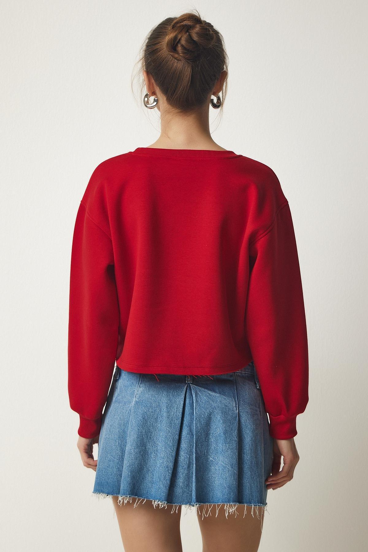 Red Crew Neck Raised Crop Sweatshirt, Red, large image number 3