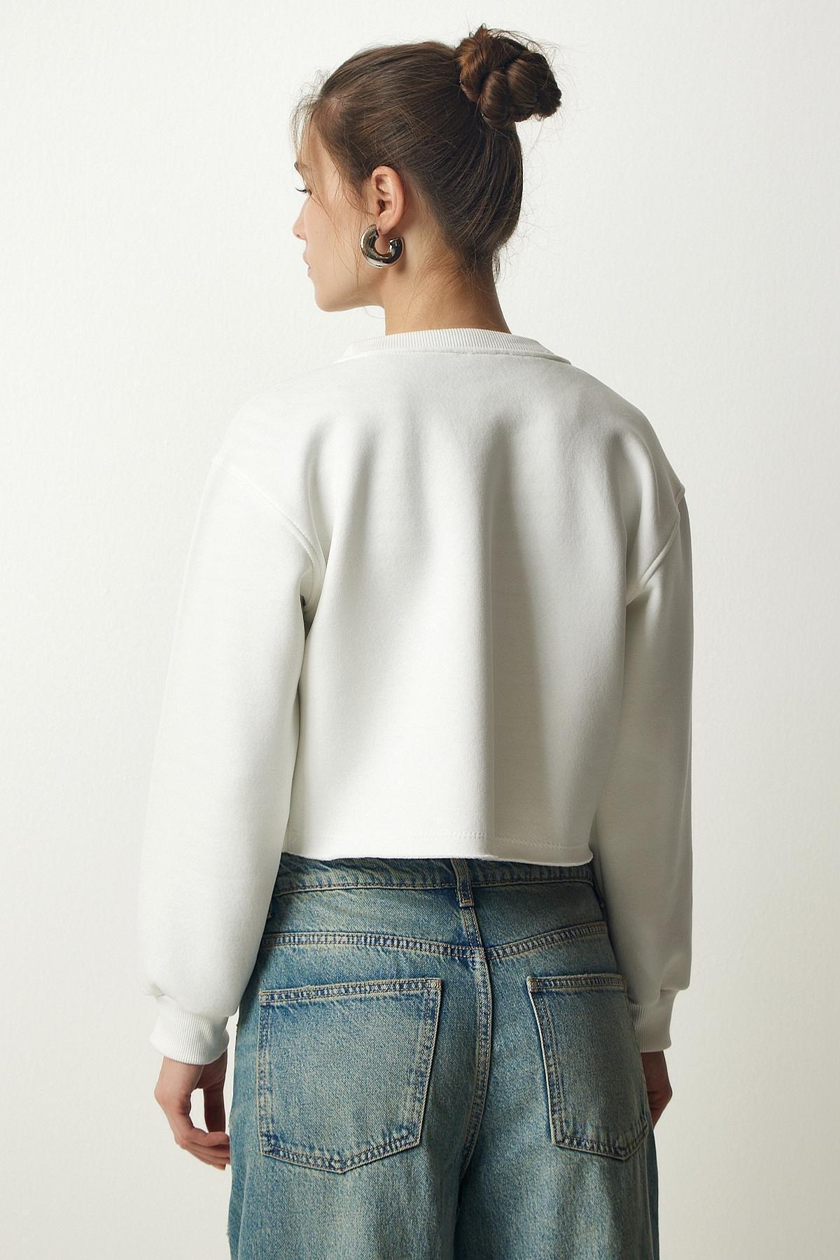 White Crew Neck Raised Crop Sweatshirt, White, large image number 4