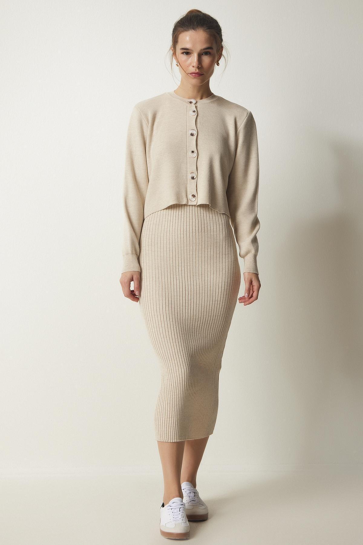 Cream Cardigan Dress Knitwear Set, Cream, large image number 2