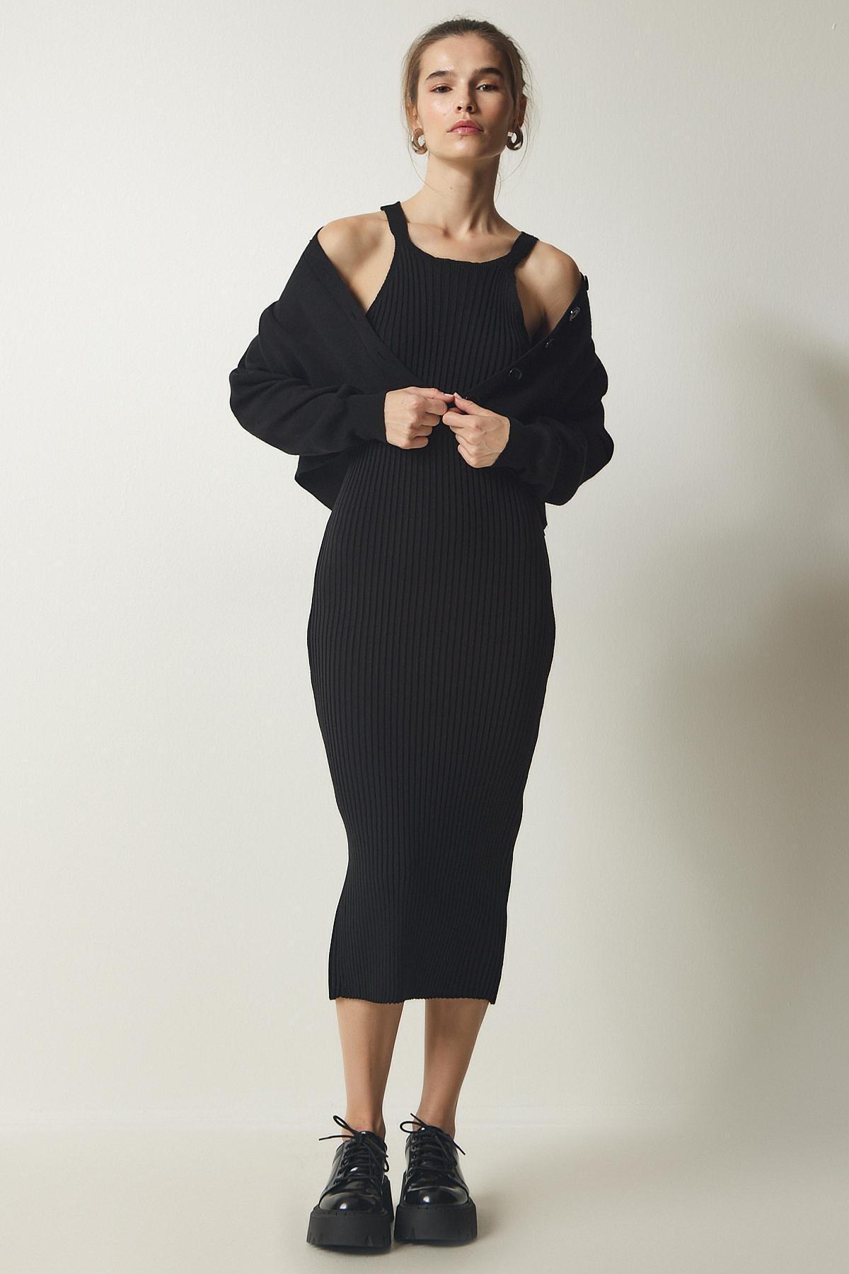 Black Cardigan Dress Knitwear Set, BLACK, large image number 1