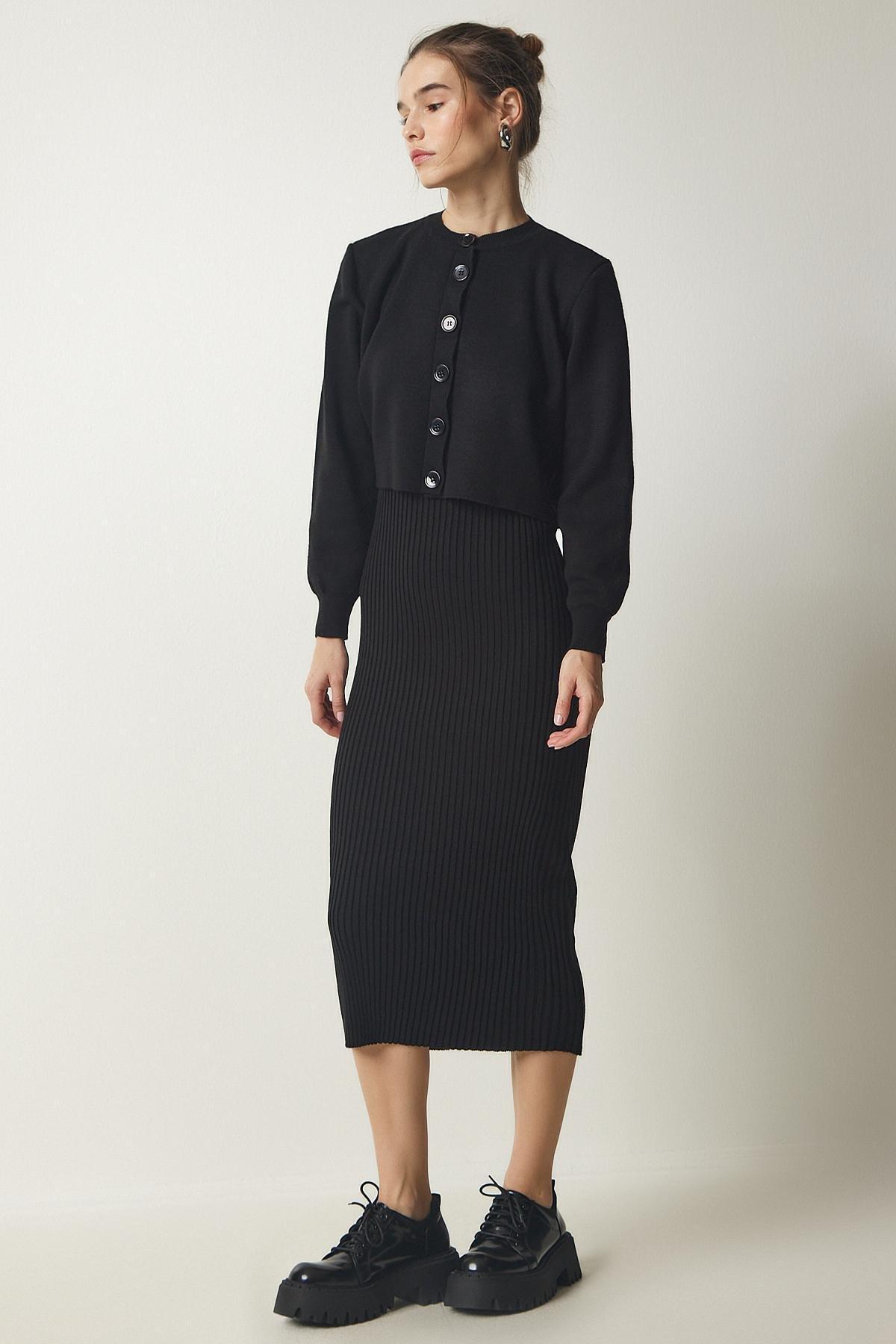 Black Cardigan Dress Knitwear Set, BLACK, large image number 2