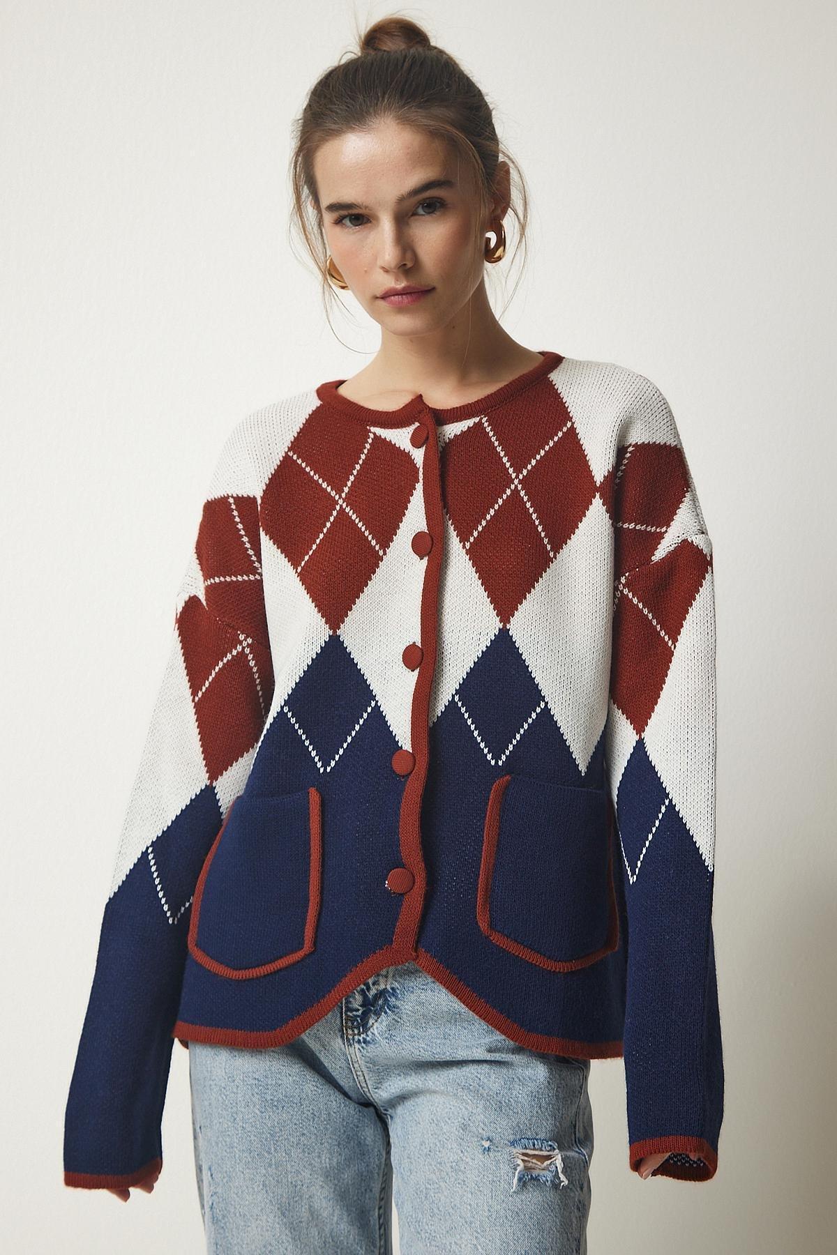 Navy Patterned Pocket Thick Cardigan, , large image number 1