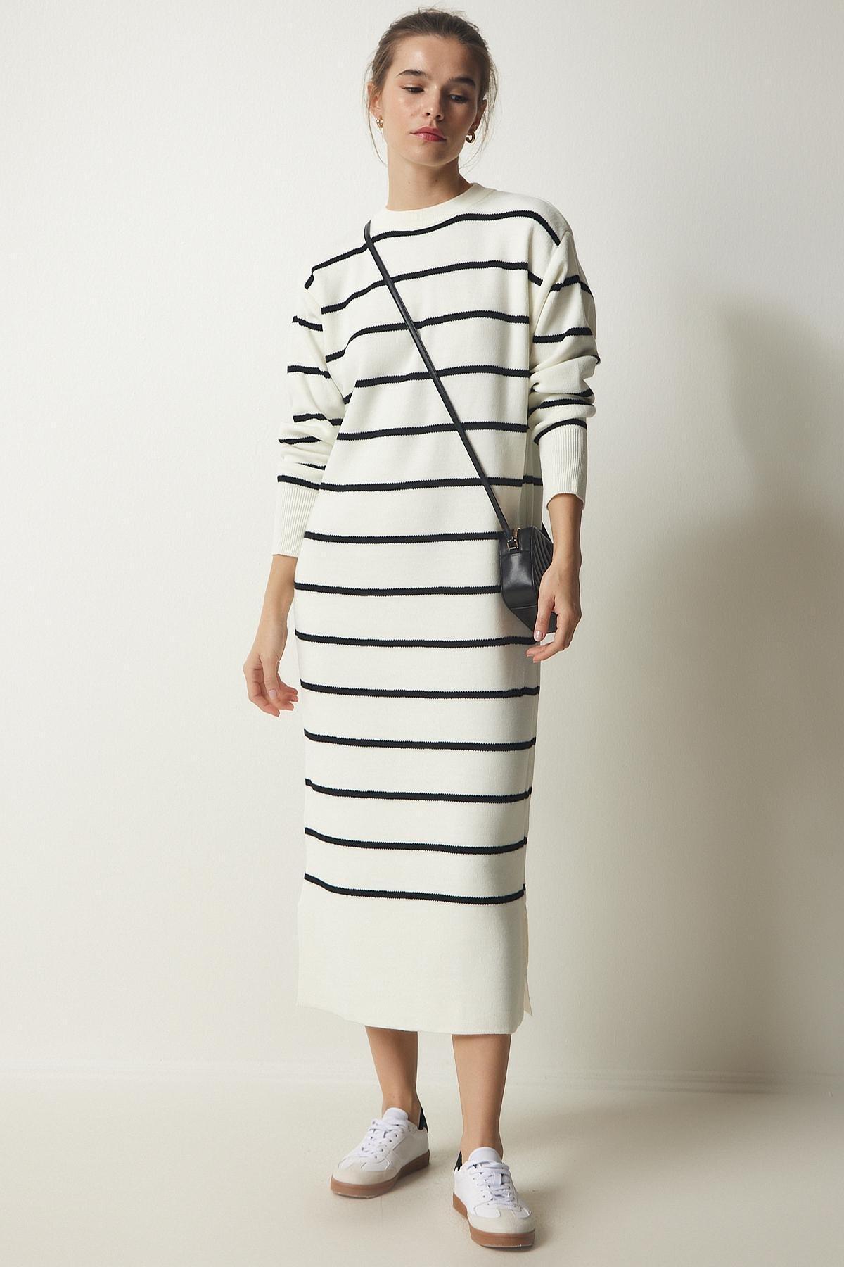 Ecru Striped Saran Knitwear Dress, , large image number 0