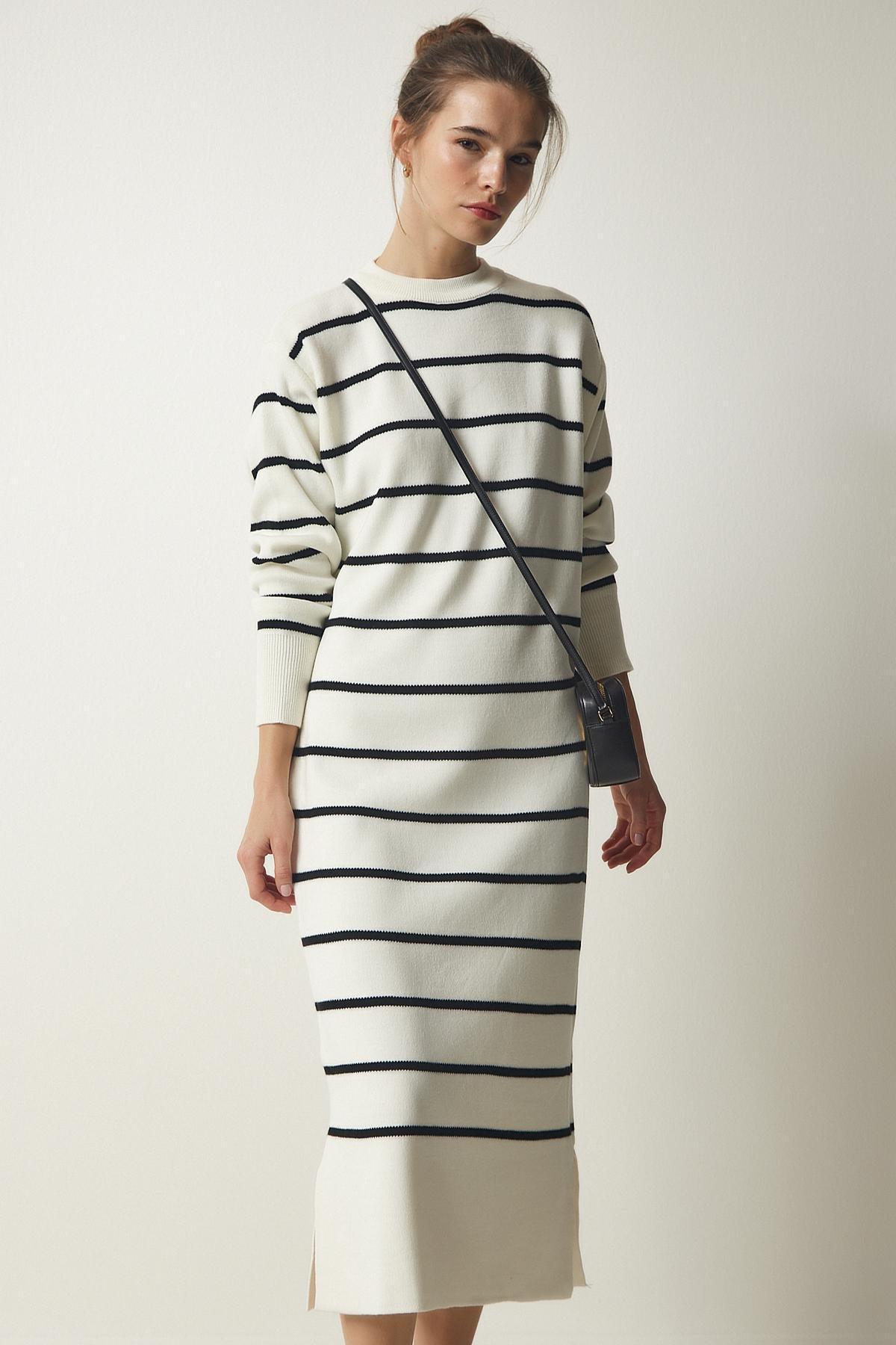 Ecru Striped Saran Knitwear Dress, , large image number 1