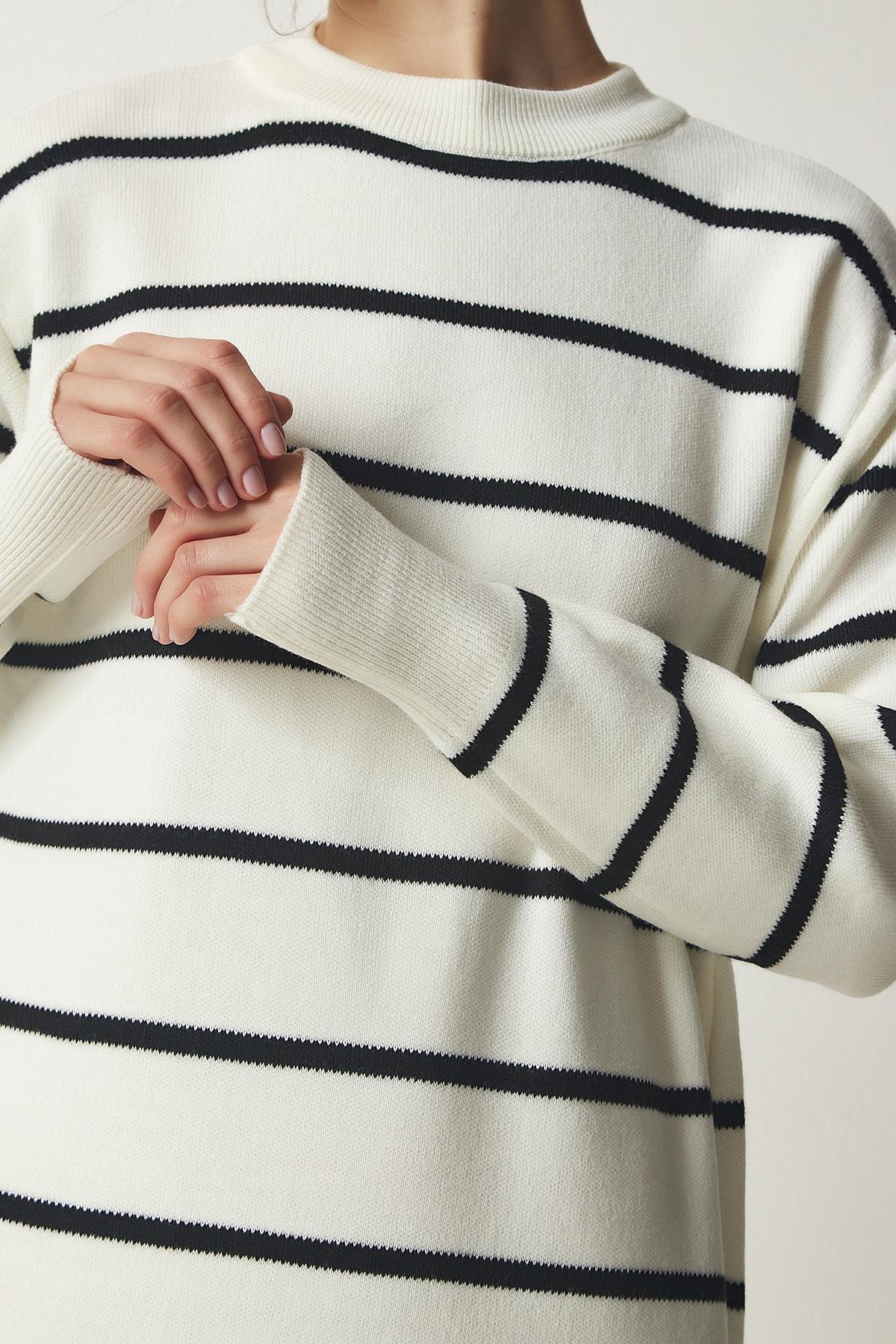 Ecru Striped Saran Knitwear Dress, , large image number 3