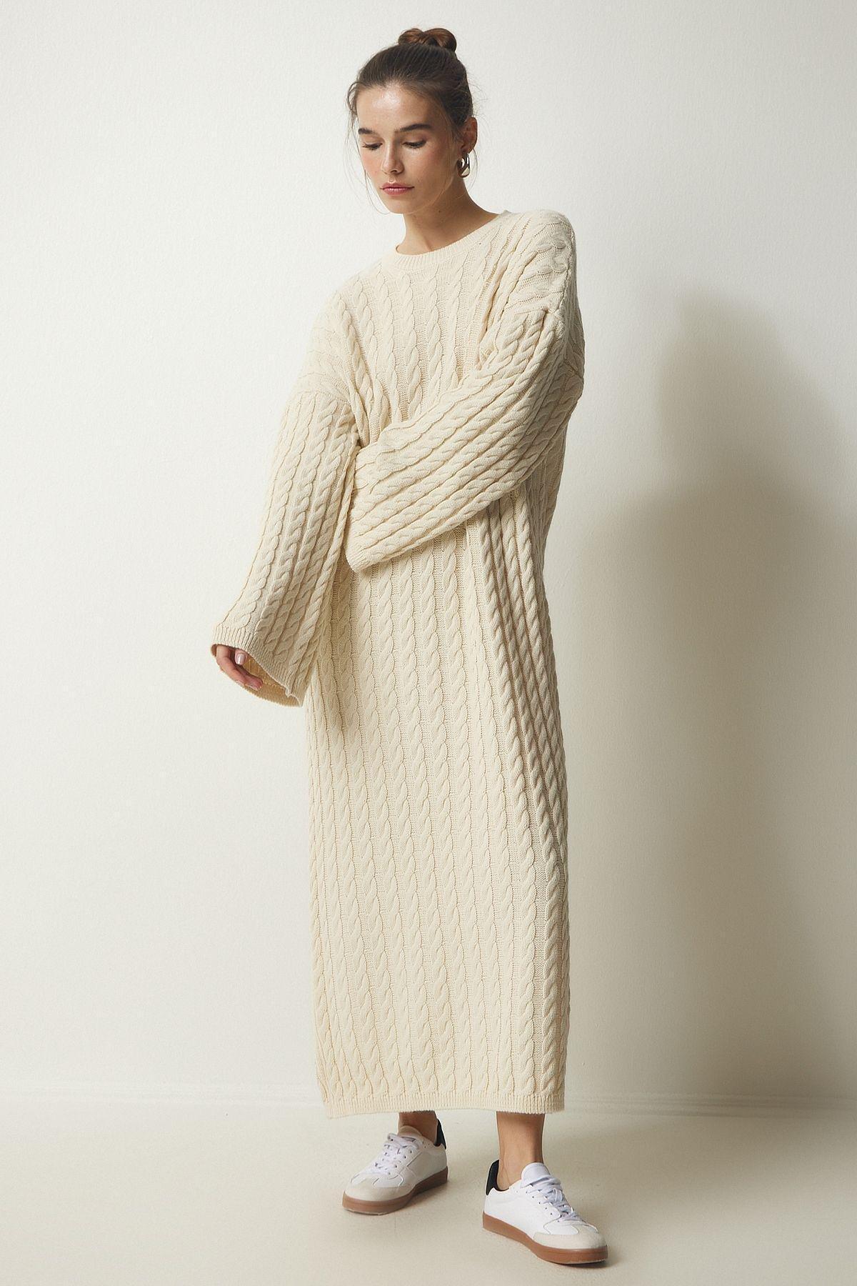 Womens Cream Knitted Detailed Thick Oversize Knitwear Dress YY00184, single, Cream, large image number 0