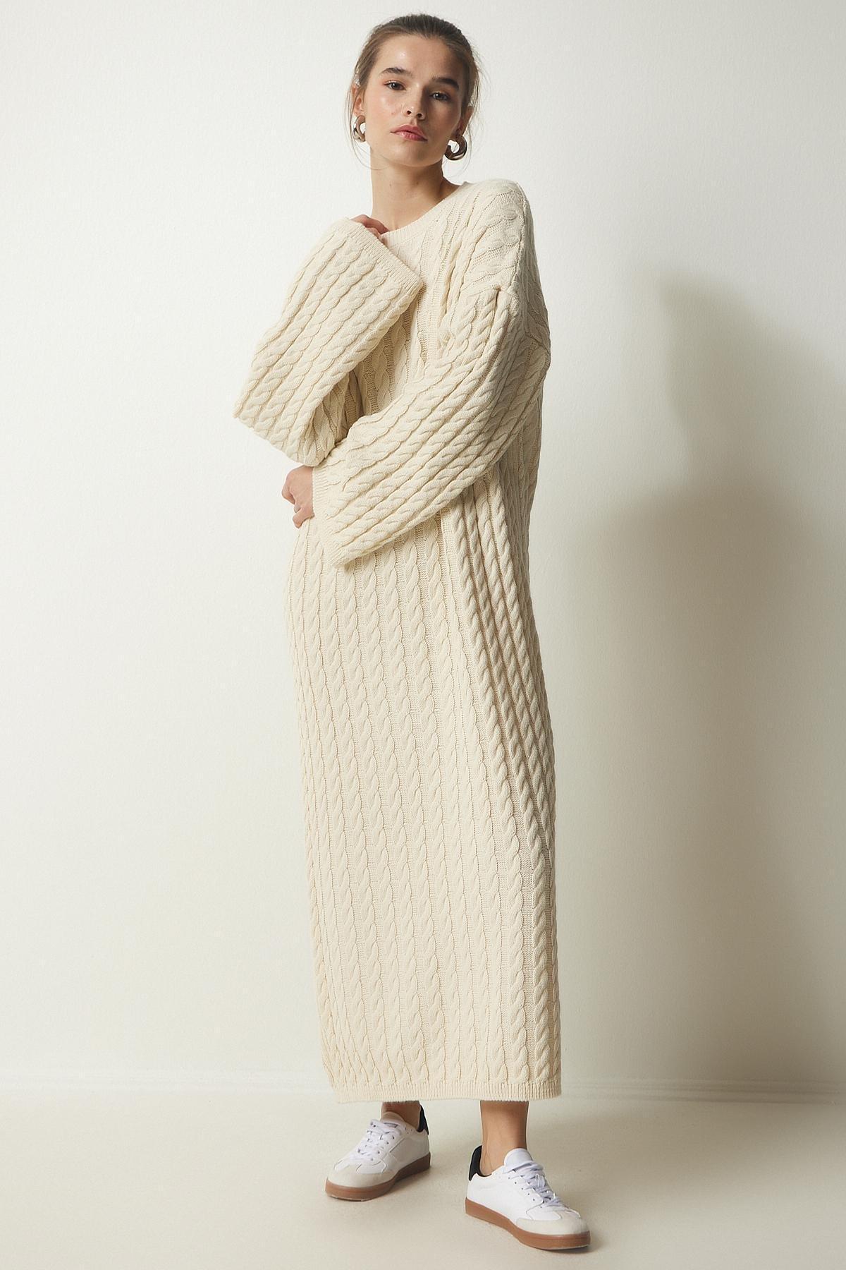 Womens Cream Knitted Detailed Thick Oversize Knitwear Dress YY00184, single, Cream, large image number 1