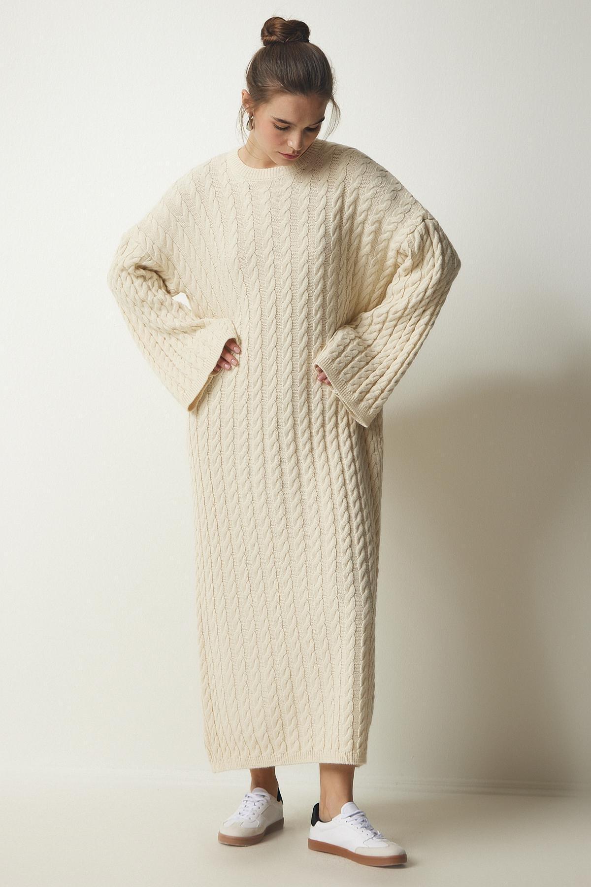 Womens Cream Knitted Detailed Thick Oversize Knitwear Dress YY00184, single, Cream, large image number 2