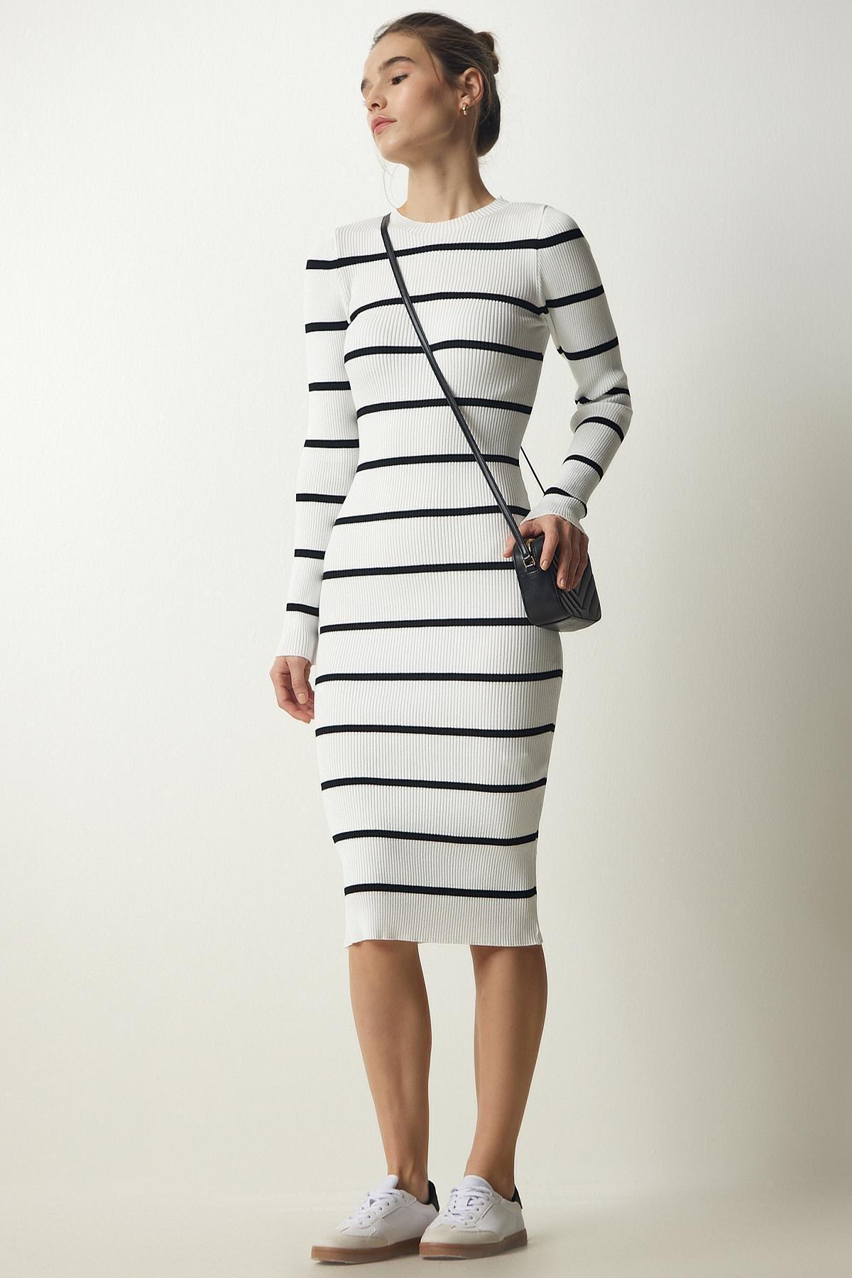 White Ribbed Striped Wraparound Dress, White, large image number 0