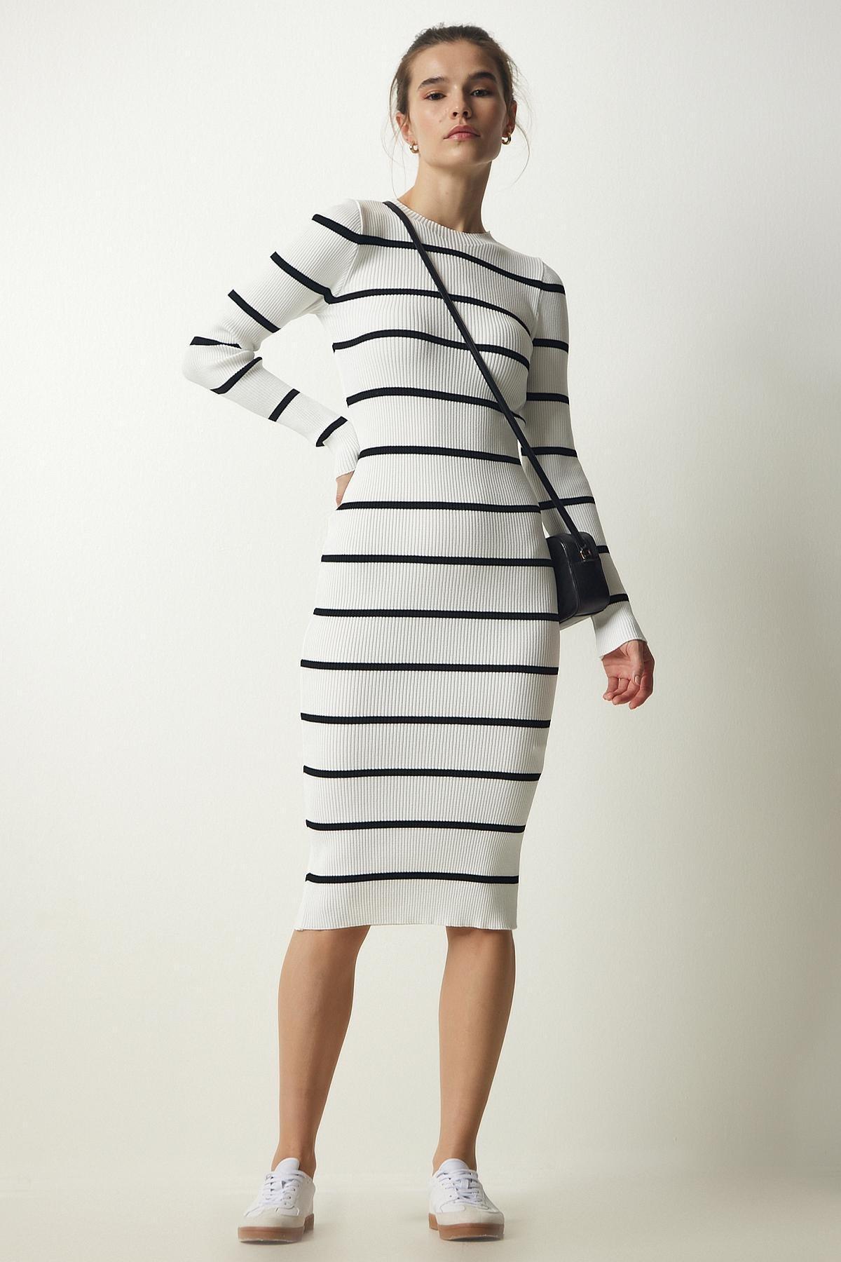 White Ribbed Striped Wraparound Dress, White, large image number 1