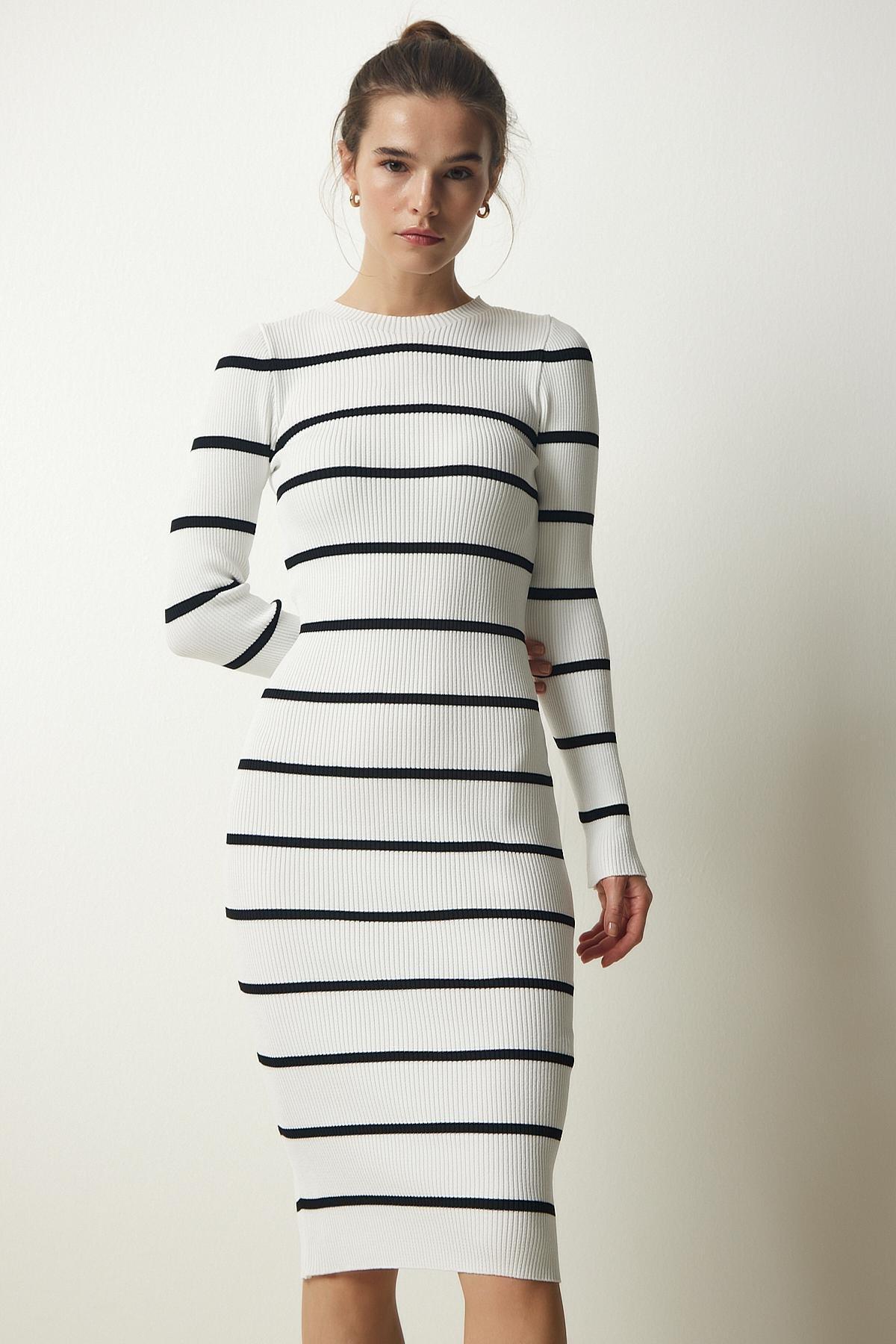 White Ribbed Striped Wraparound Dress, White, large image number 2